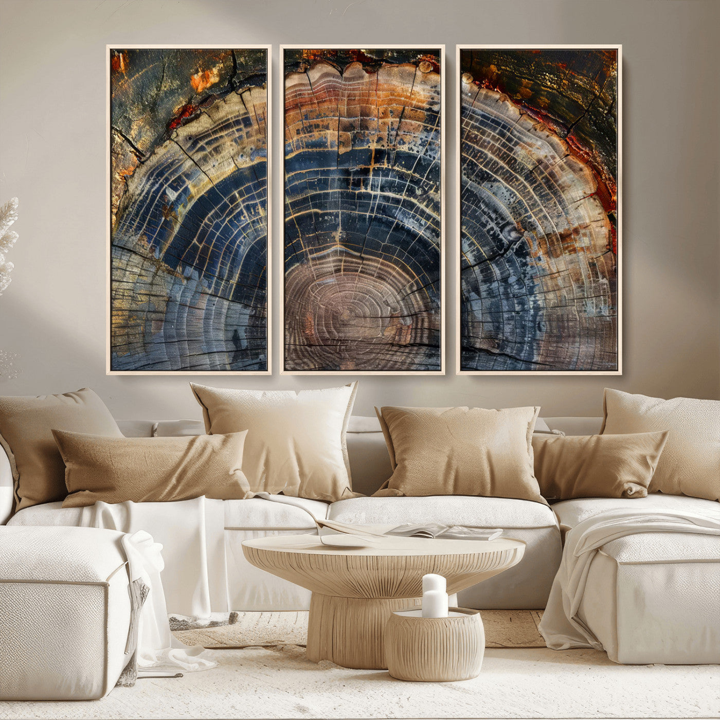 MGV-FC-48X32-3P - Framed Tree Ring Wall Art - Abstract Colorful Tree Ring Wall Decor, Minimalist Home Canvas Art,