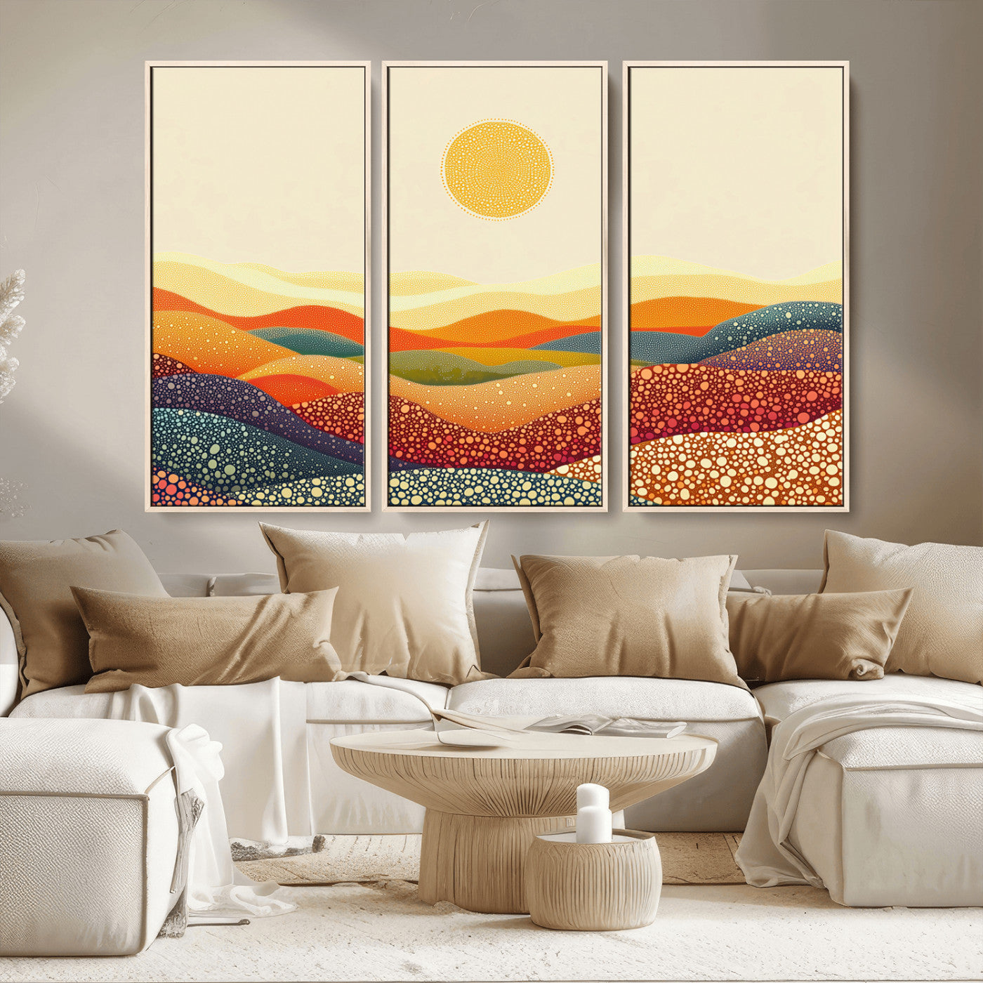 MGV-FC-48X32-3P - YAYOI KUSAMA Colorful Dot Art Landscape Canvas - Framed Abstract Pointillism Inspired by Nature with