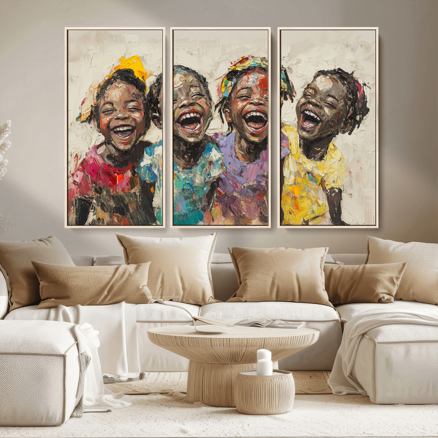 MGV-FC-48X32-3P - Shai Yossef style Joyful Childhood Canvas Wall Art - Expressive Impasto Painting of Black Children