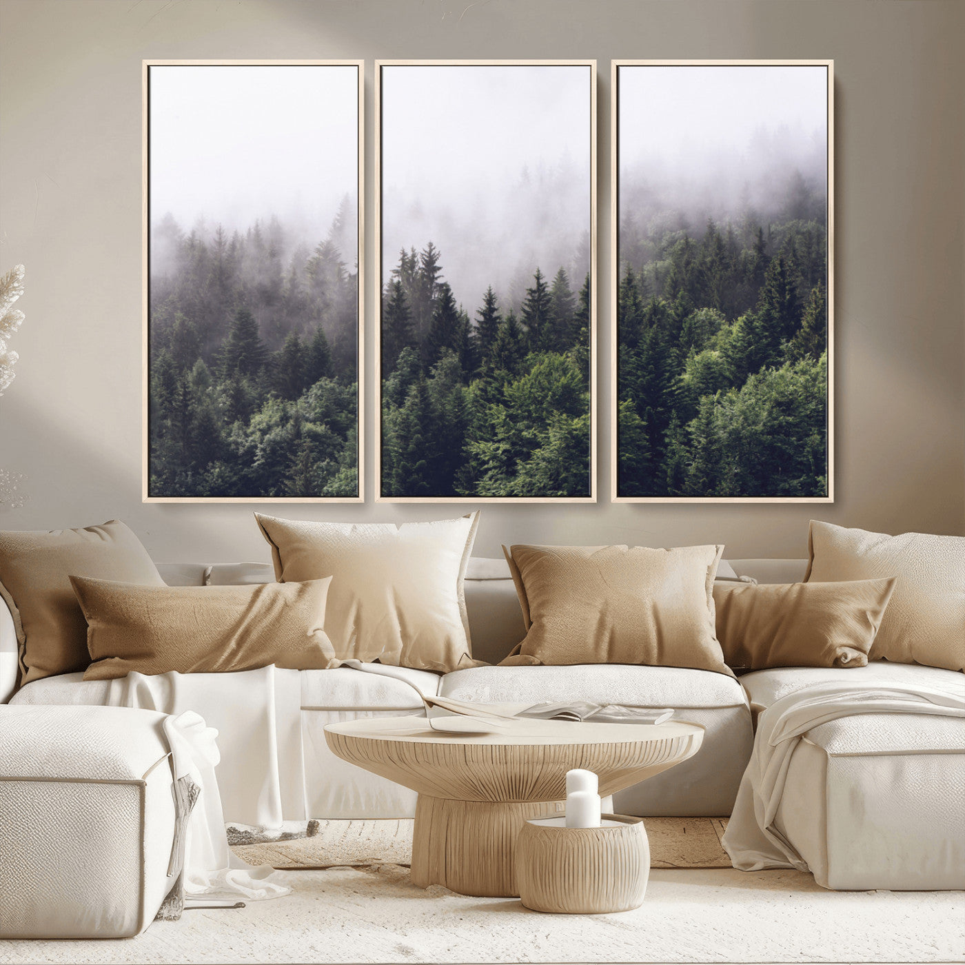MGV-FC-48X32-3P - Misty Forest Wall Art | Foggy Forest Canvas Print | Large Nature-Inspired Misty Tree Landscape for