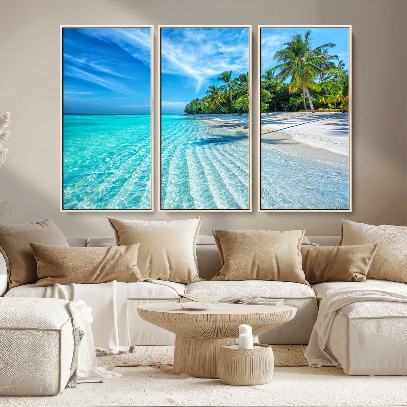 MGV-FC-48X32-3P - Tropical Beach Wall Art Canvas Print - Serene Ocean Landscape with Crystal Clear Turquoise Water and