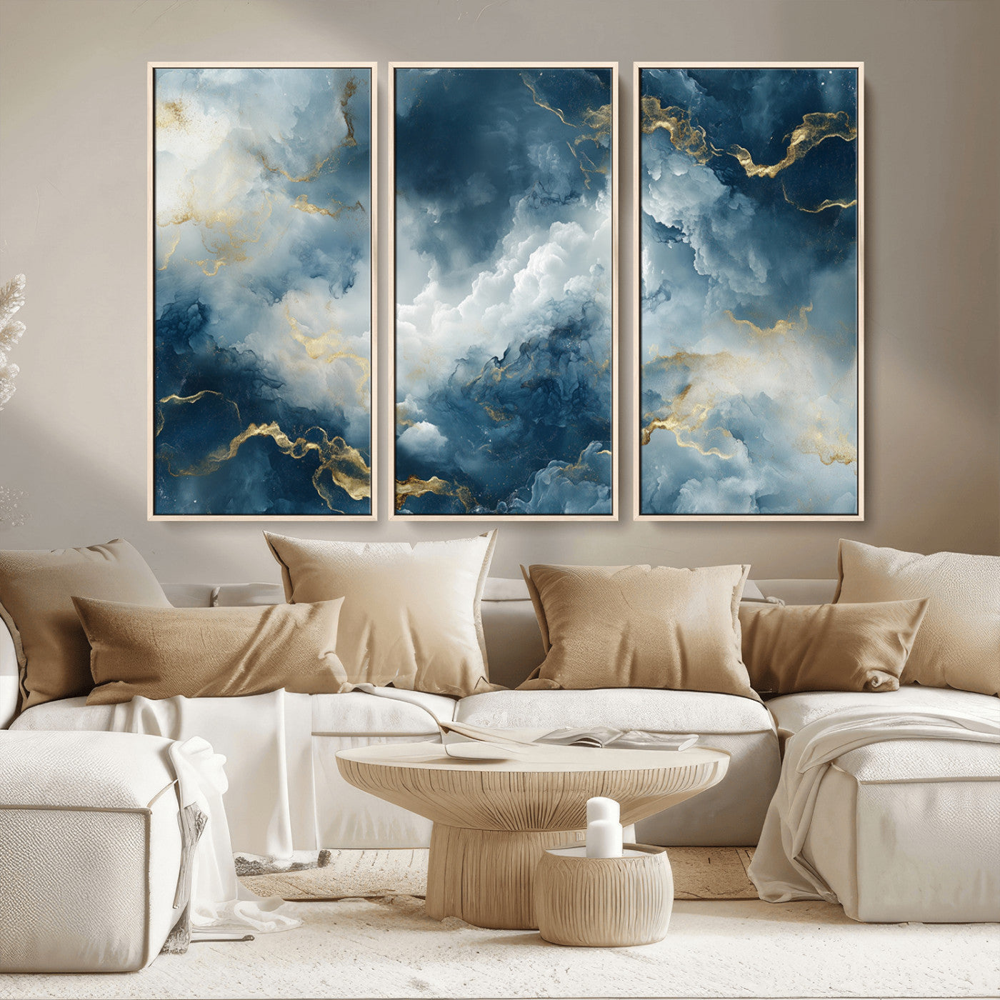 MGV-FC-48X32-3P - Large Abstract Print - Luxe Blue and Gold Abstract Canvas Wall Art - Bold Cloudscape Canvas for