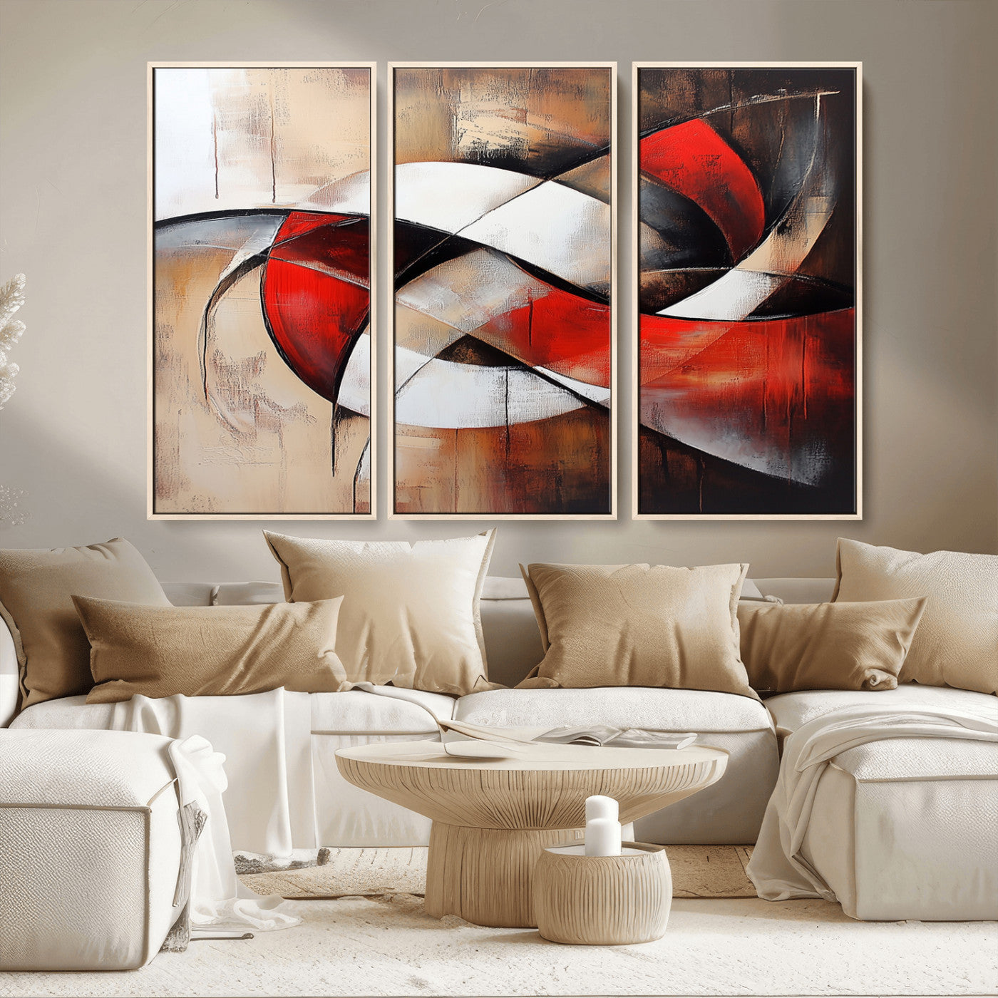 MGV-FC-48X32-3P - Abstract Wall Art - Modern Red and White Canvas Wall Art Print - Bold Geometric Abstract Canvas for