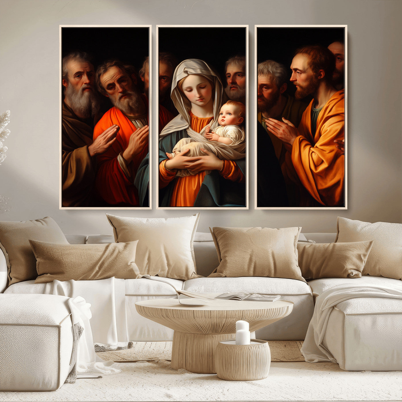 MGV-FC-48X32-3P - Religious Canvas Wall Art Print - Madonna and Child with Apostles Art Print - Classic Christian