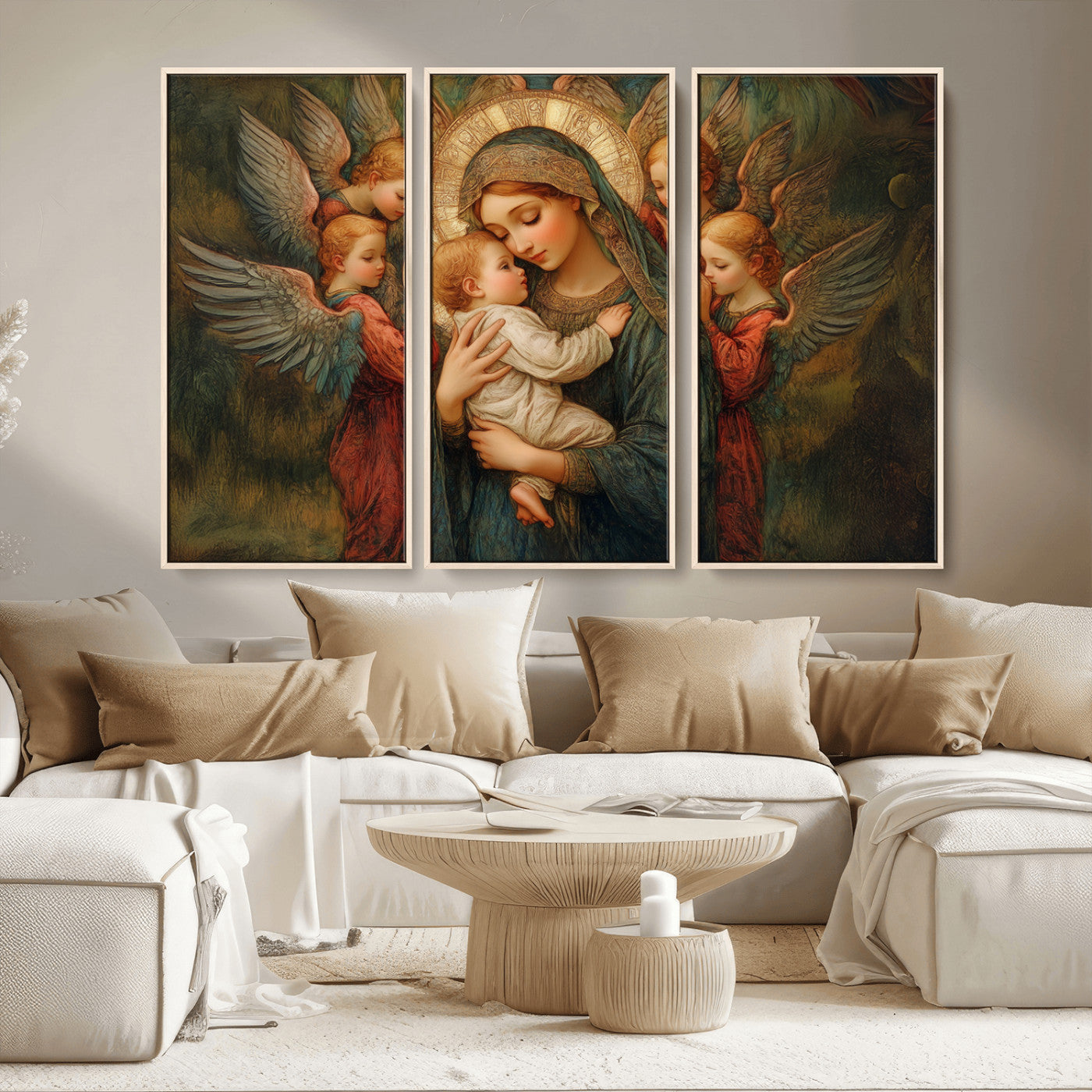 MGV-FC-48X32-3P - Mary Jesus Canvas Wall Art Print - Madonna and Child with Angels Art Print - Classic Christian