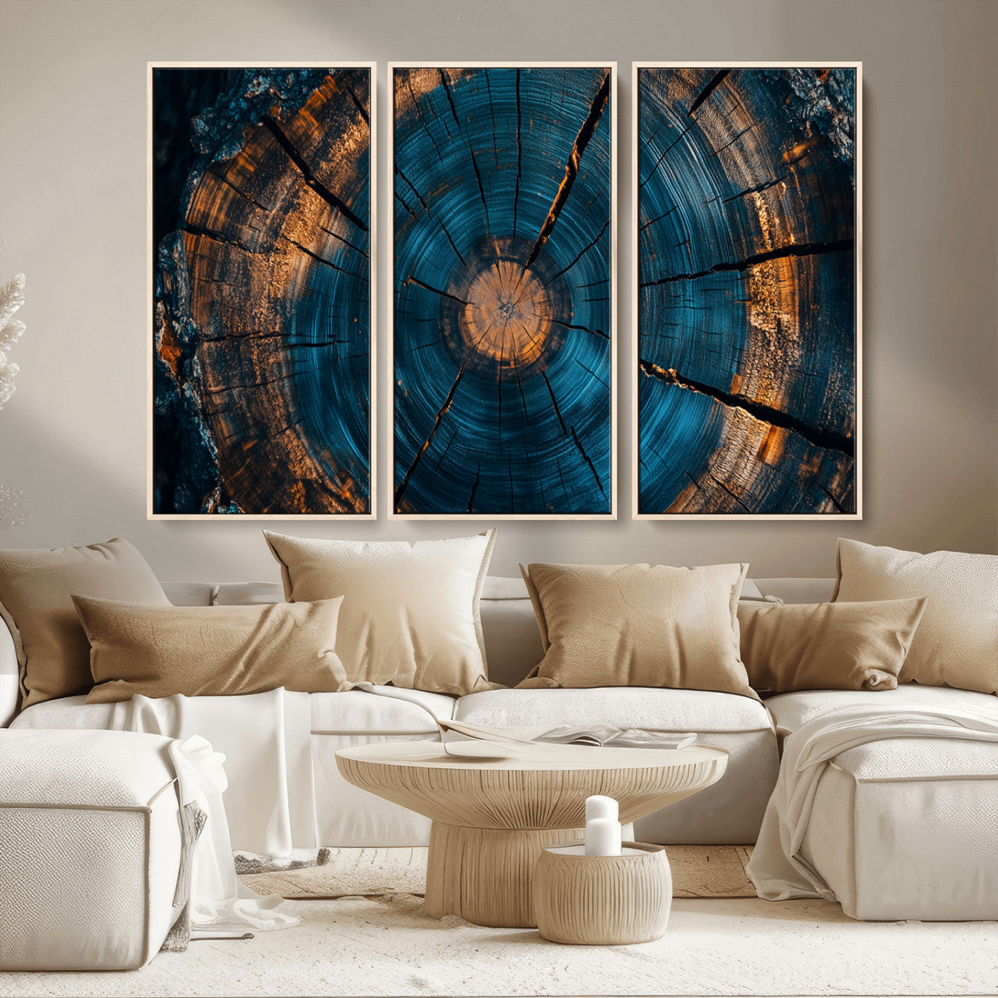 MGV-FC-48X32-3P - Farmhouse Wall Art - Abstract Tree Rings Canvas Wall Art Print, Framed Wood Grain Rings Artwork