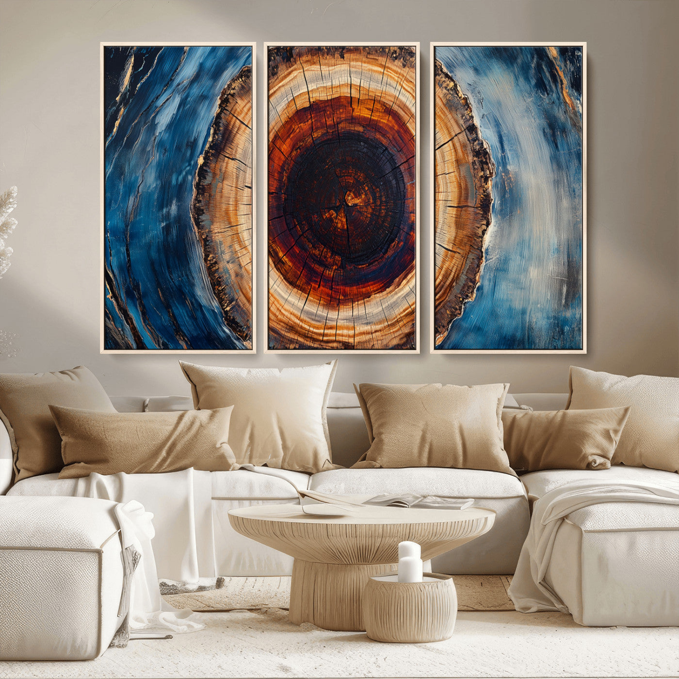 MGV-FC-48X32-3P - Framed Abstract Tree Ring Wall Art Print, Natural Rustic Wood Texture Canvas Print, Wood Tree Stump