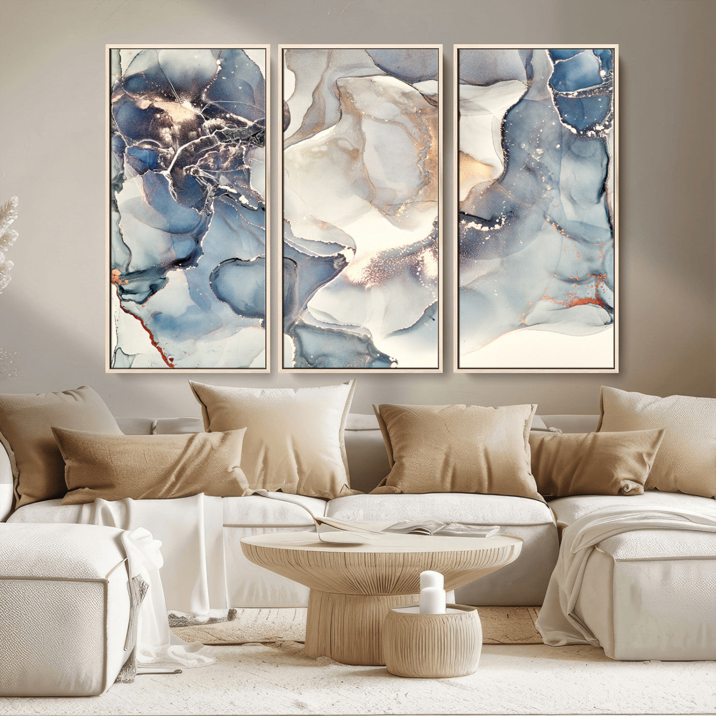 MGV-FC-48X32-3P - Abstract Blue and Gold Canvas Wall Art - Fluid Modern Ink Artwork - Modern Luxury Wall Decor for