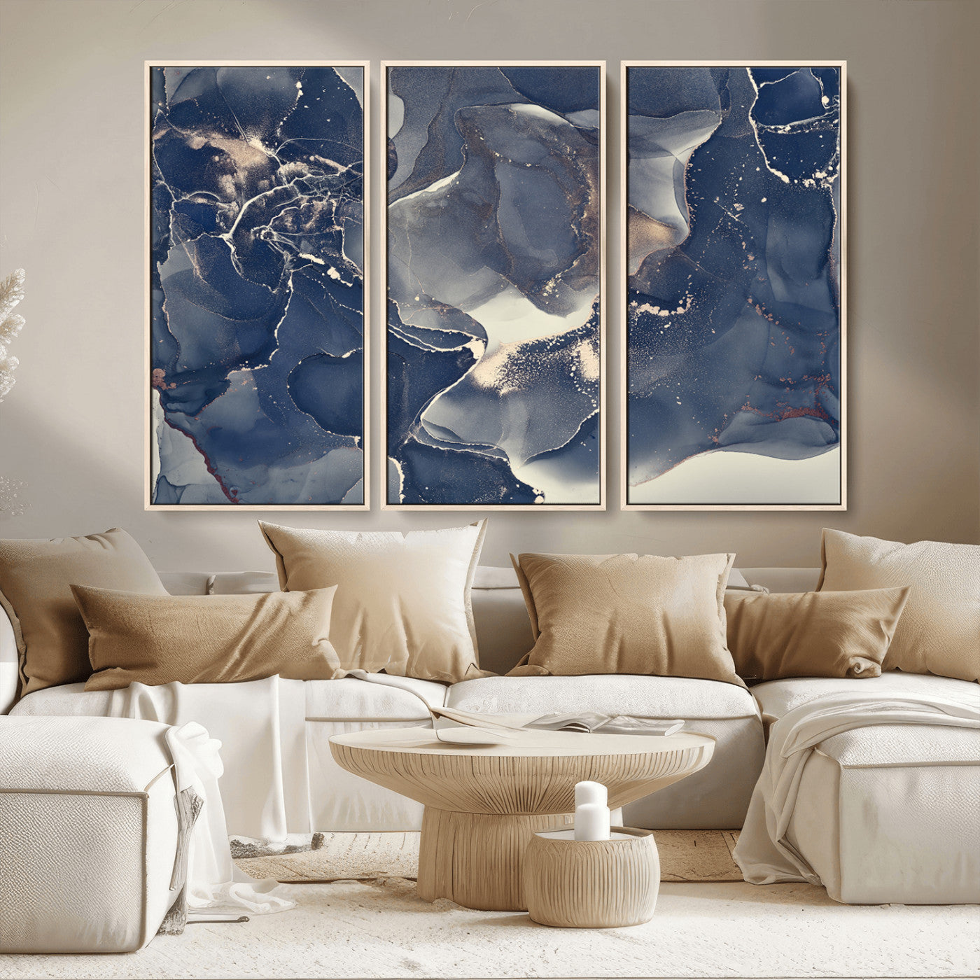 MGV-FC-48X32-3P - Large Abstract Blue and Gold Canvas Wall Art | Fluid Ink Artwork Print | Luxury Wall Decor for