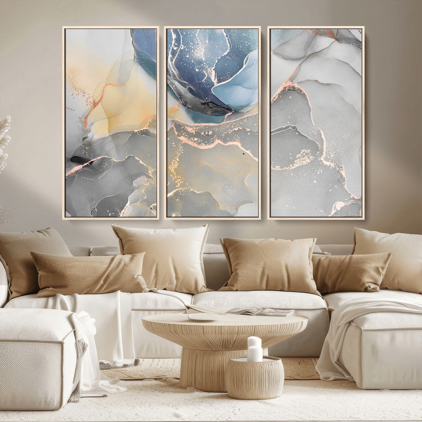 MGV-FC-48X32-3P - Large Abstract Blue and Gold Canvas Wall Art | Fluid Ink Artwork Print | Luxury Wall Decor for