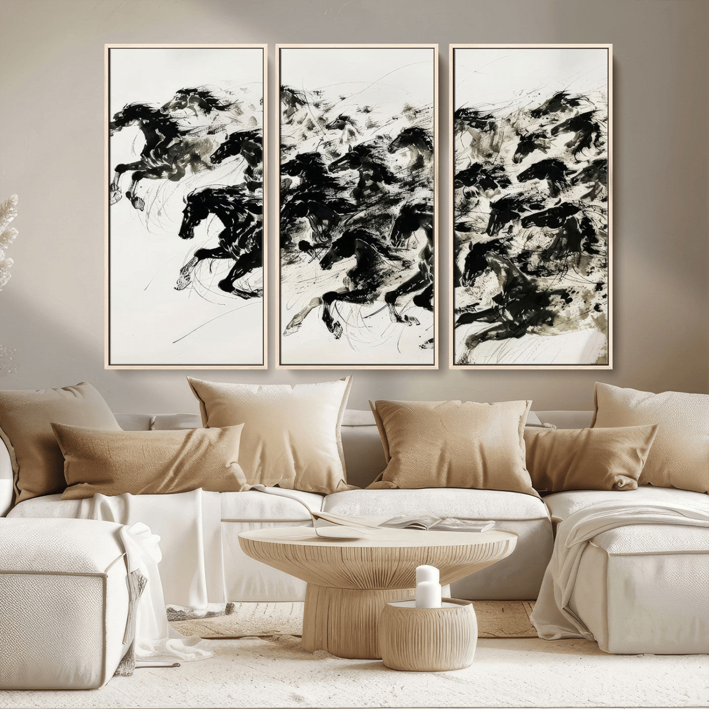 MGV-FC-48X32-3P - Abstract Horse Wall Art Canvas Print - Dynamic Black Ink Horse Print - Modern Equine Wall Decor for