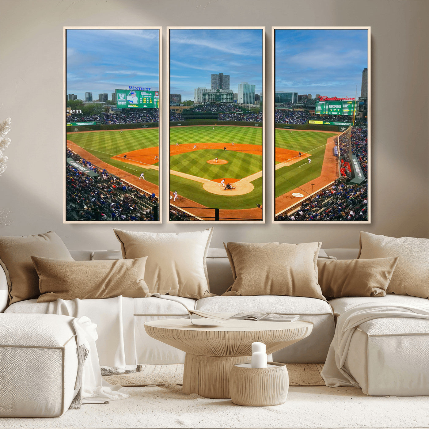 MGV-FC-48X32-3P - Wrigley Field Chicago Cubs Panoramic Multi Piece Canvas Wall Art - Iconic Baseball Stadium Print for