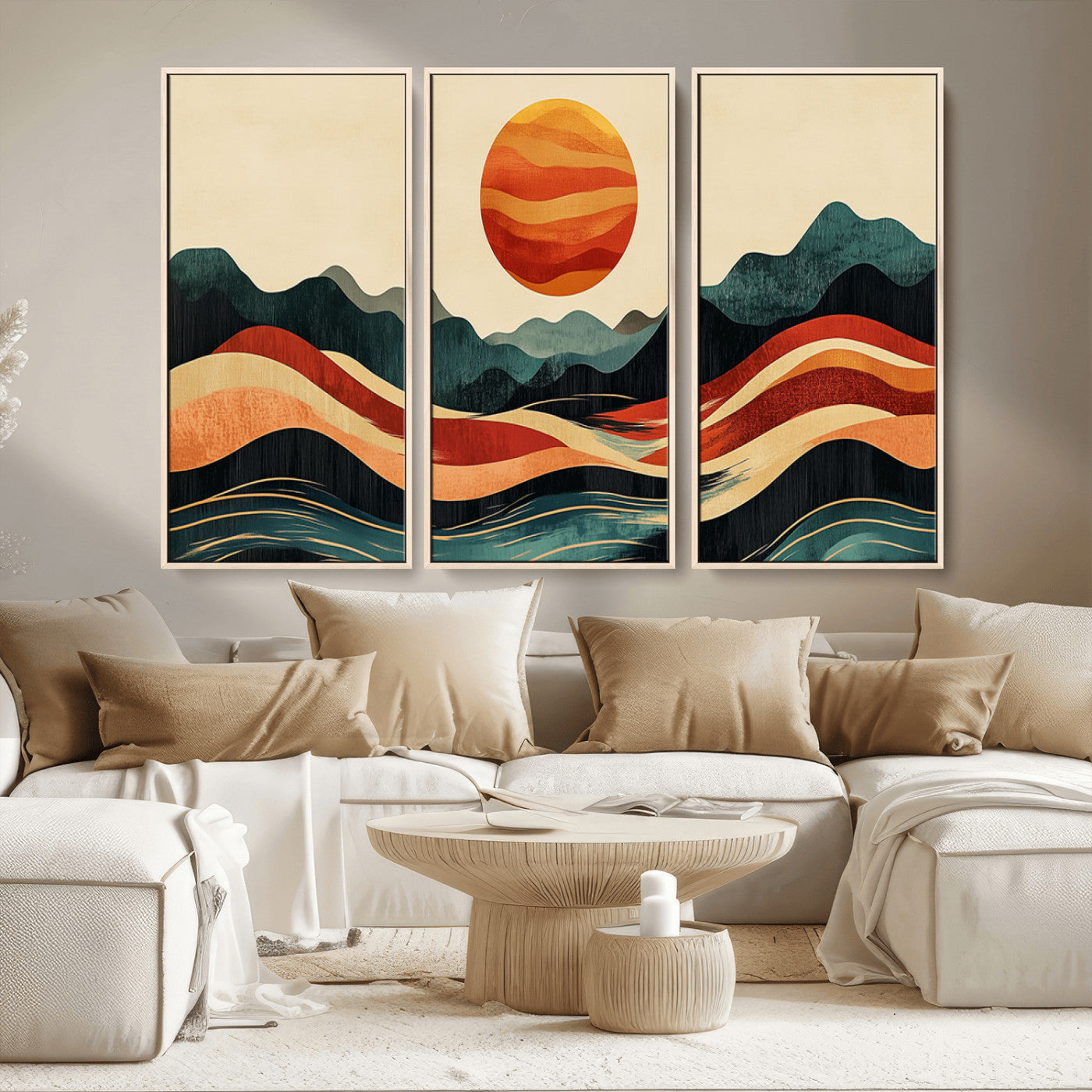 MGV-FC-48X32-3P - Mountain Triptych Wall Art - Western Nature Prints - Framed Boho Pine Tree Canvas for Log Cabin or