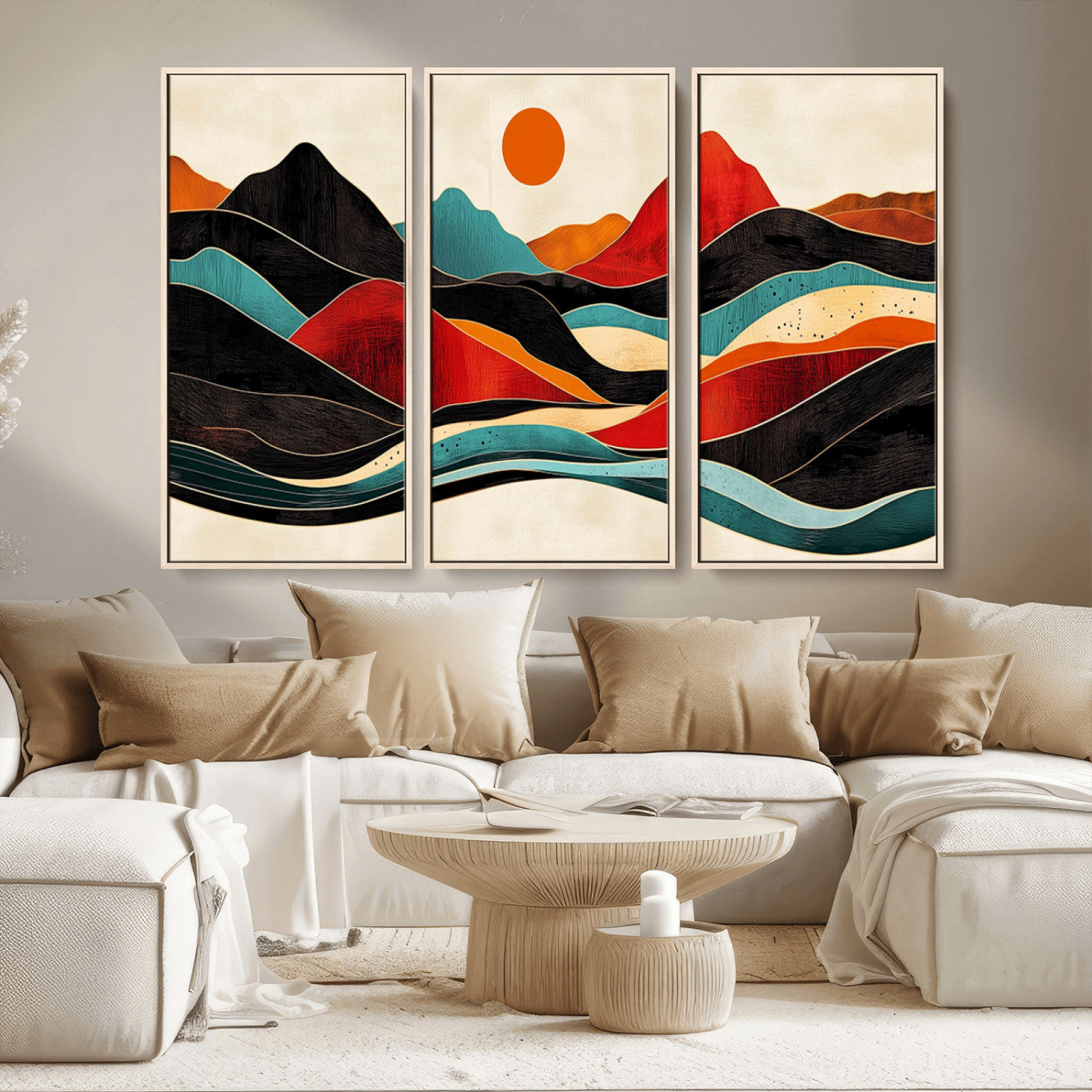 MGV-FC-48X32-3P - Western Wall Decor - Large Triptych Mountain Canvas - Boho Woodland Wall Art Print - Framed
