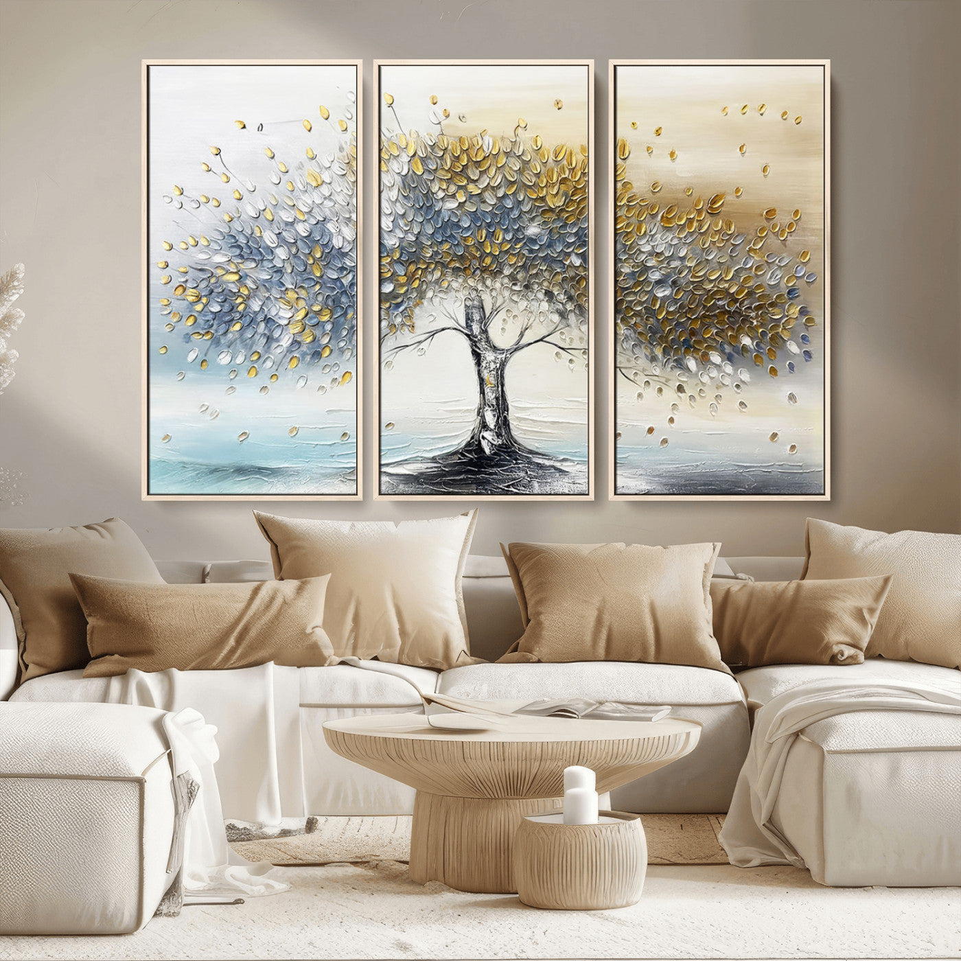 An elegant impasto painting featuring a tree with shimmering silver and gold leaves, blending soft pastels to create a calm and sophisticated atmosphere.