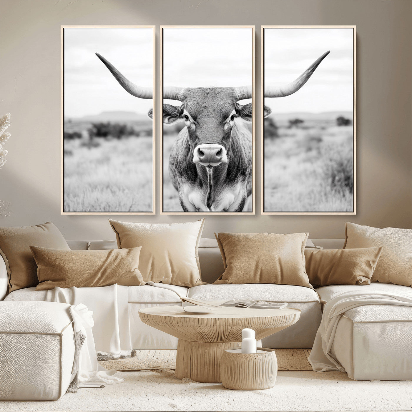 MGV-FC-48X32-3P - Highland Cow Wall Art Print - Black and White Texas Western Longhorn Canvas - Farmhouse Decor Print