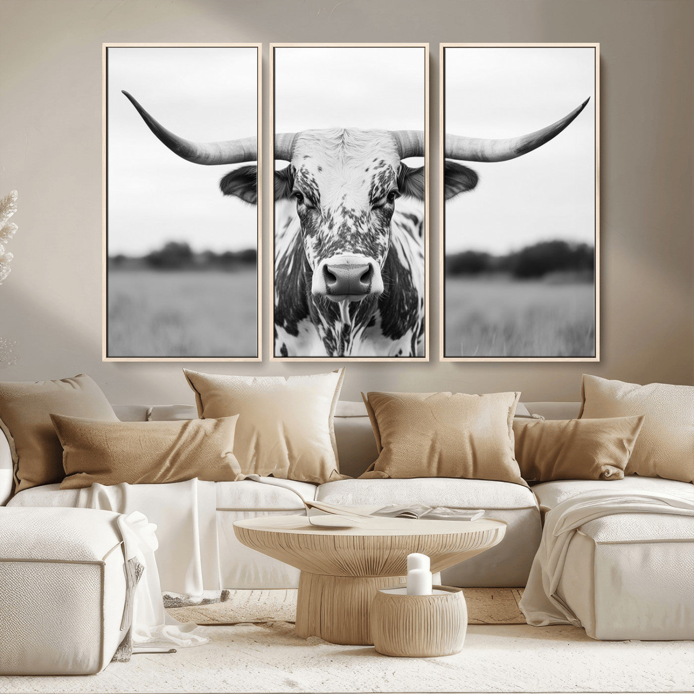 MGV-FC-48X32-3P - Highland Cow Wall Art - Black and White Western Longhorn Canvas Print - Farmhouse Living Room Decor
