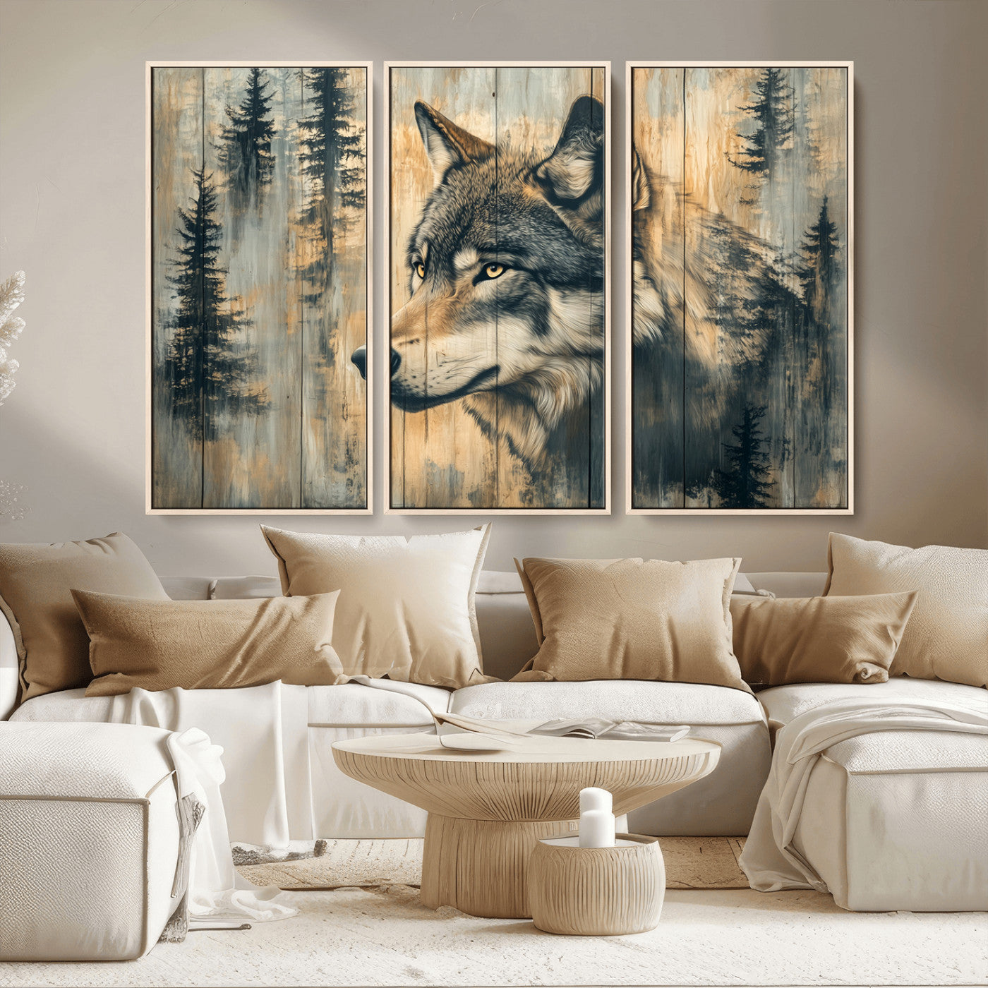 MGV-FC-48X32-3P - Wood Style Rustic Wolf Wall Art Canvas Print, Vintage Woodland Wolf Wall Art, Framed Wood Style Wolf