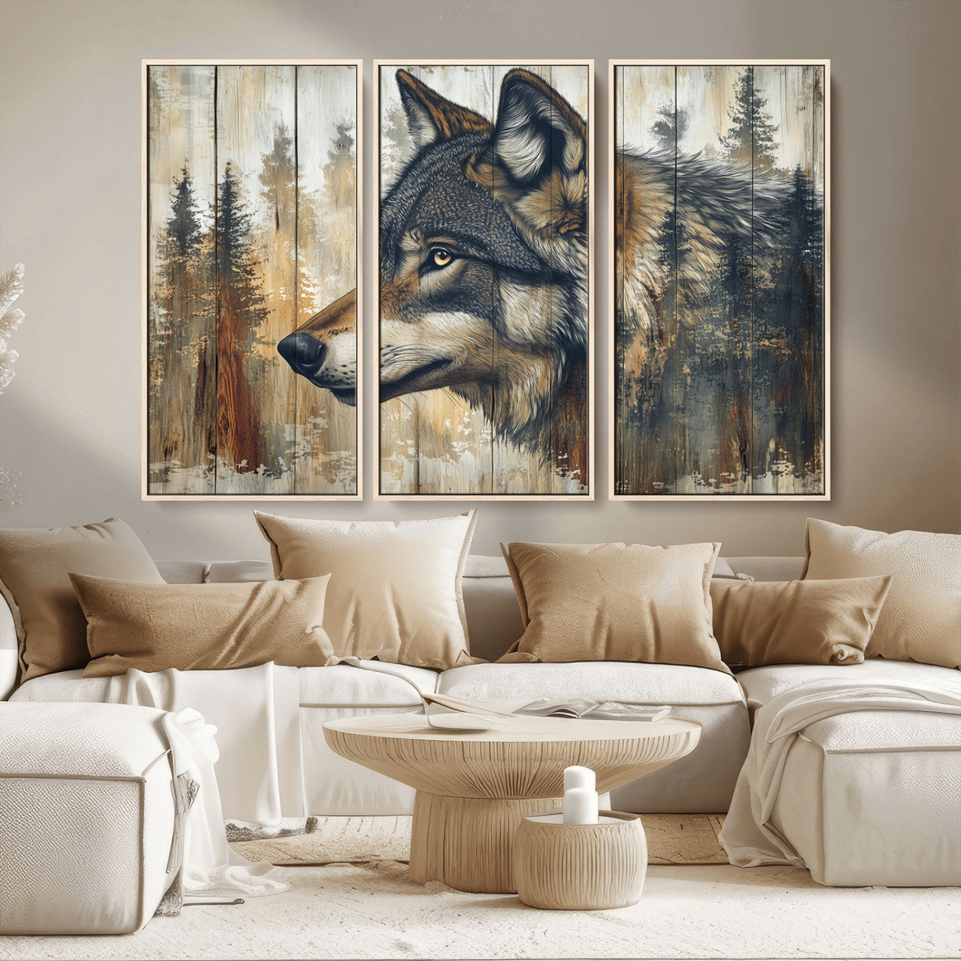 MGV-FC-48X32-3P - Rustic Wolf Wall Art Canvas Print, Vintage Woodland Wolf Wall Art