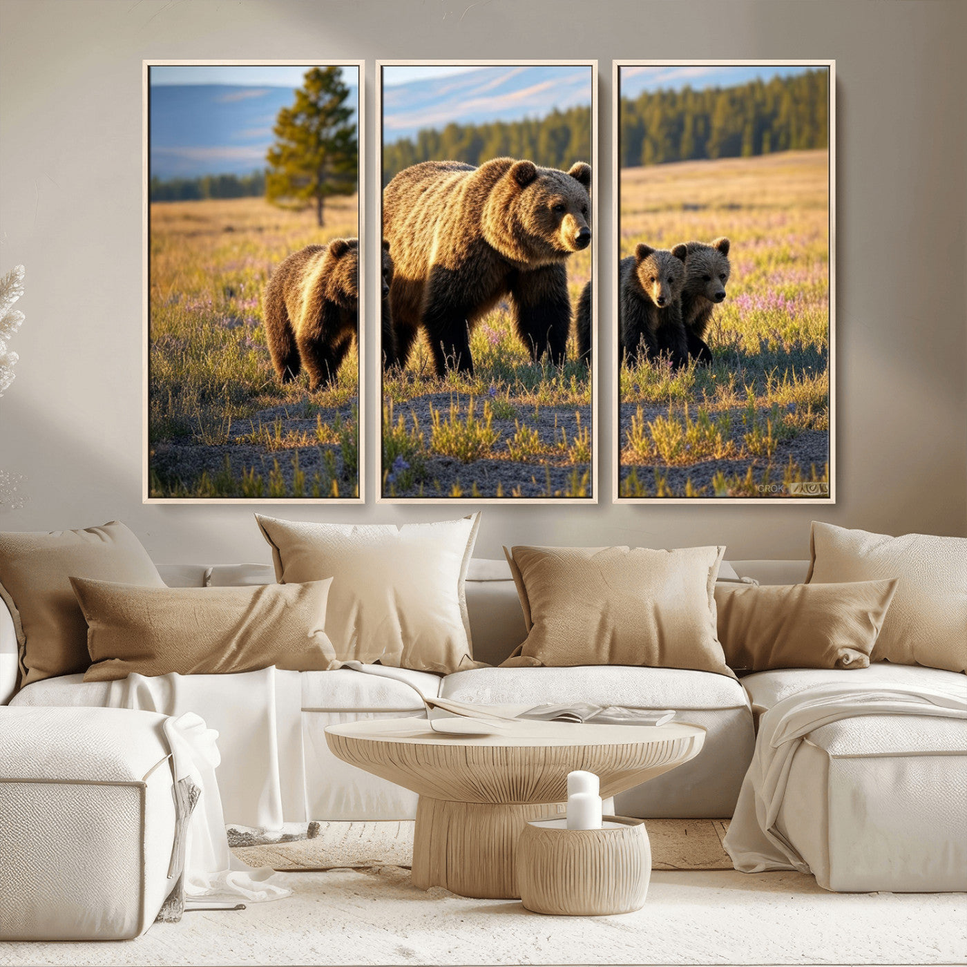 MGV-FC-48X32-3P - Grizzly 399 in Wild Flowers Wall Art Canvas Print, Grizzly Bears Wall Art, Queen of Grand Teton