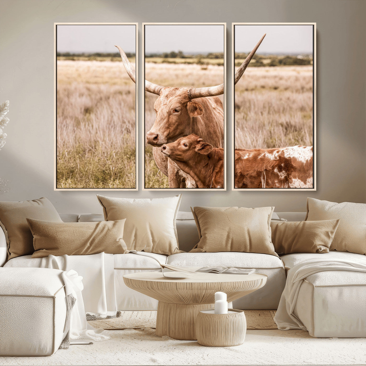 MGV-FC-48X32-3P - Texas Longhorn Cow Wall Art Canvas Print for Farmhouse Wall Art, Texas Decor, Western Wall Art Print