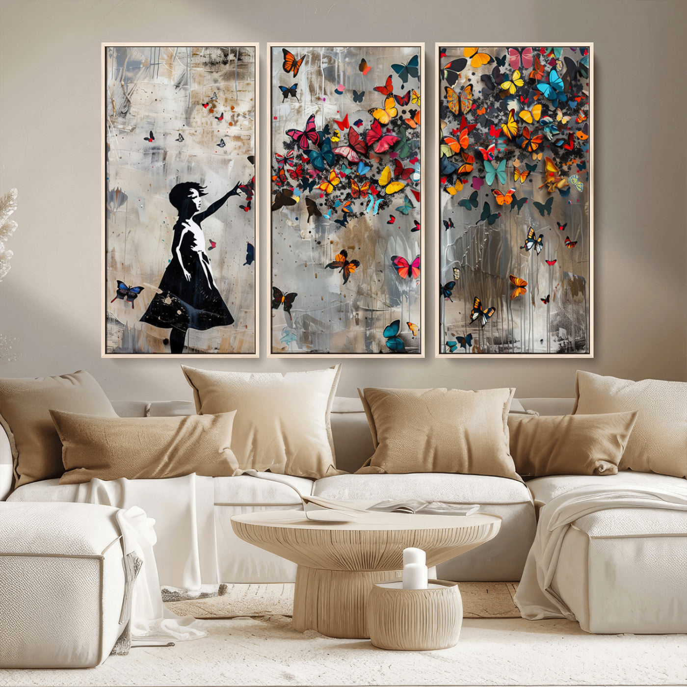 MGV-FC-48X32-3P - Banksy Butterfly Girl Wall Art | 3-Piece Butterfly Girl Canvas