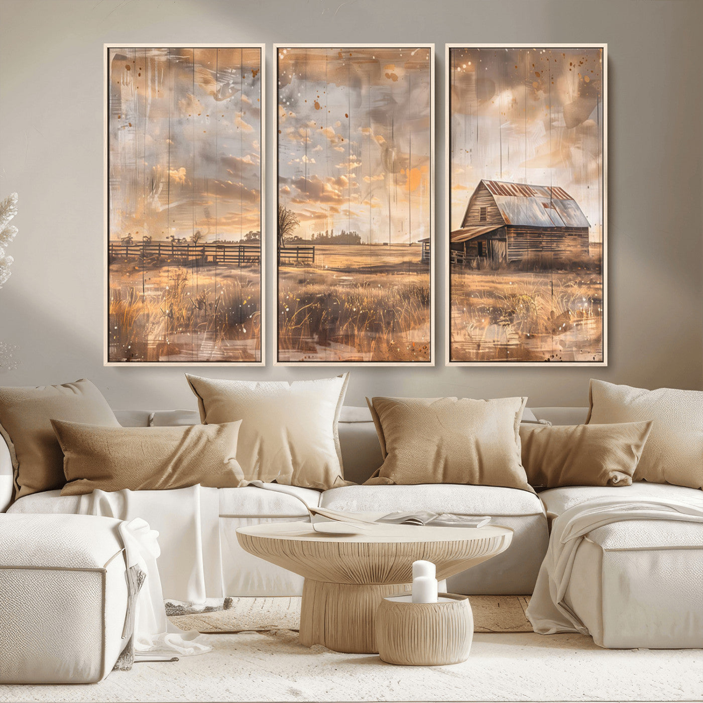 MGV-FC-48X32-3P - Rustic Farmhouse Wall Art Canvas Print | Barn and Field Canvas Print | Vintage Country Landscape