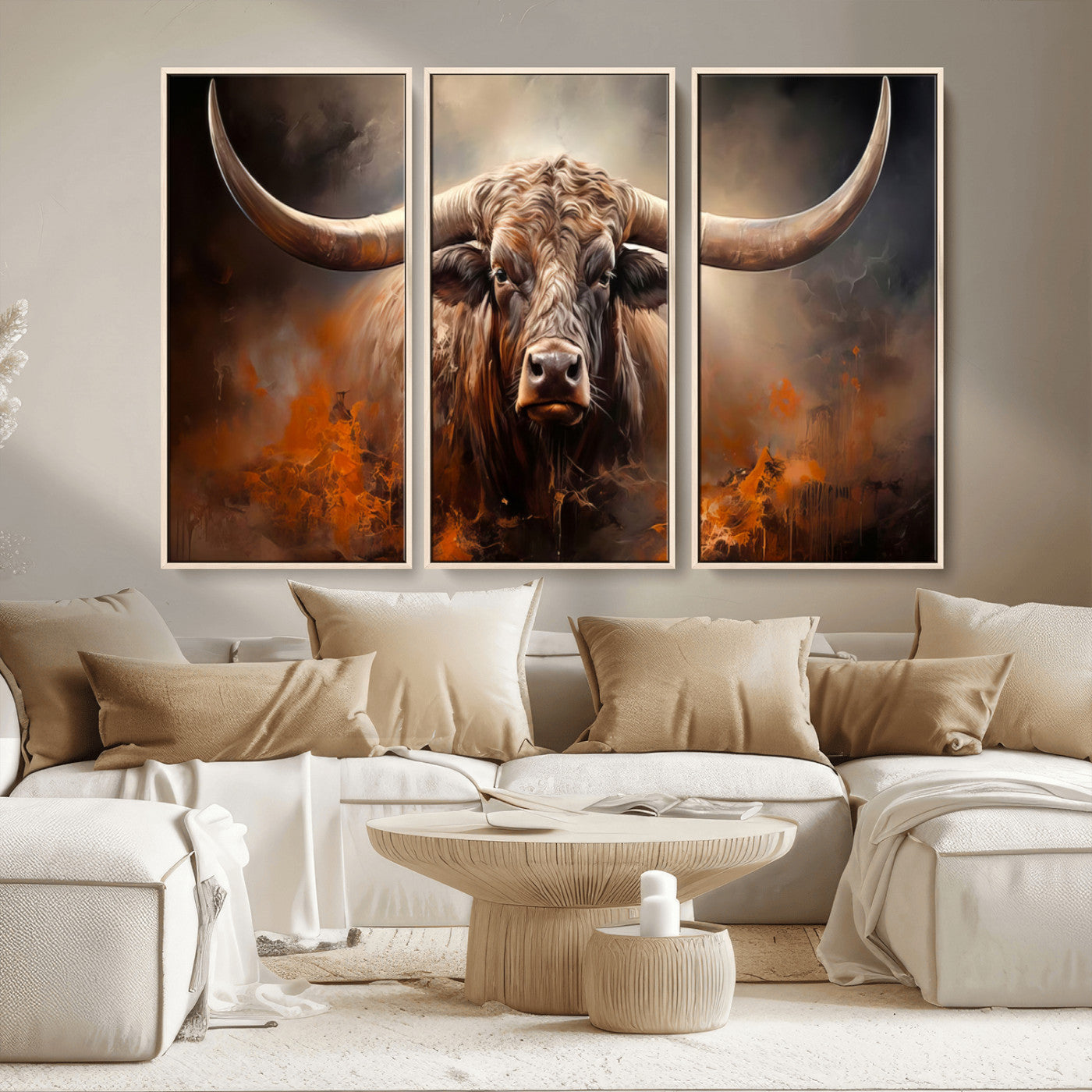 MGV-FC-48X32-3P - Highland Bull Canvas Abstract Canvas Wall Art Print – Powerful Highland Bull with Striking Horns in