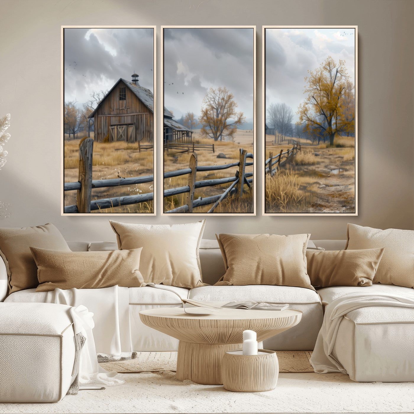 MGV-FC-48X32-3P - Rustic Autumn Farmhouse Wall Art Canvas Print – Serene Countryside Scene with Weathered Barn and