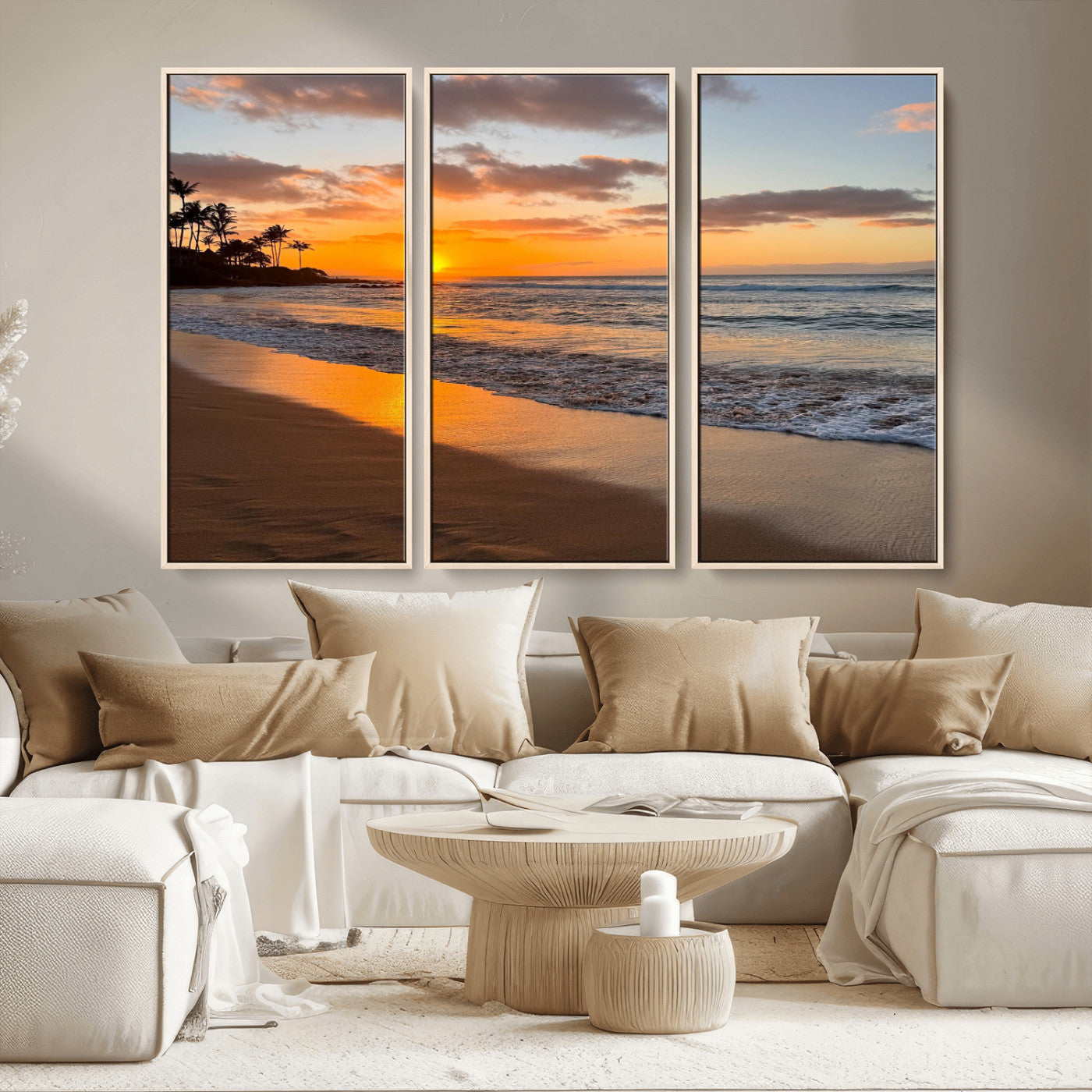 MGV-FC-48X32-3P - Sunset Wall Art Print - Stunning Beach Sunset Canvas Artwork for Elegant Home or Office Coastal