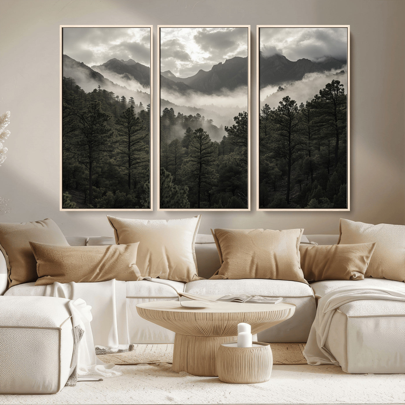 MGV-FC-48X32-3P - Misty Mountain Forest Wall Art – Canvas Print of Cloudy Peaks, Tranquil Pines, Enchanted Landscape, Majestic Nature Decor for Home or Office