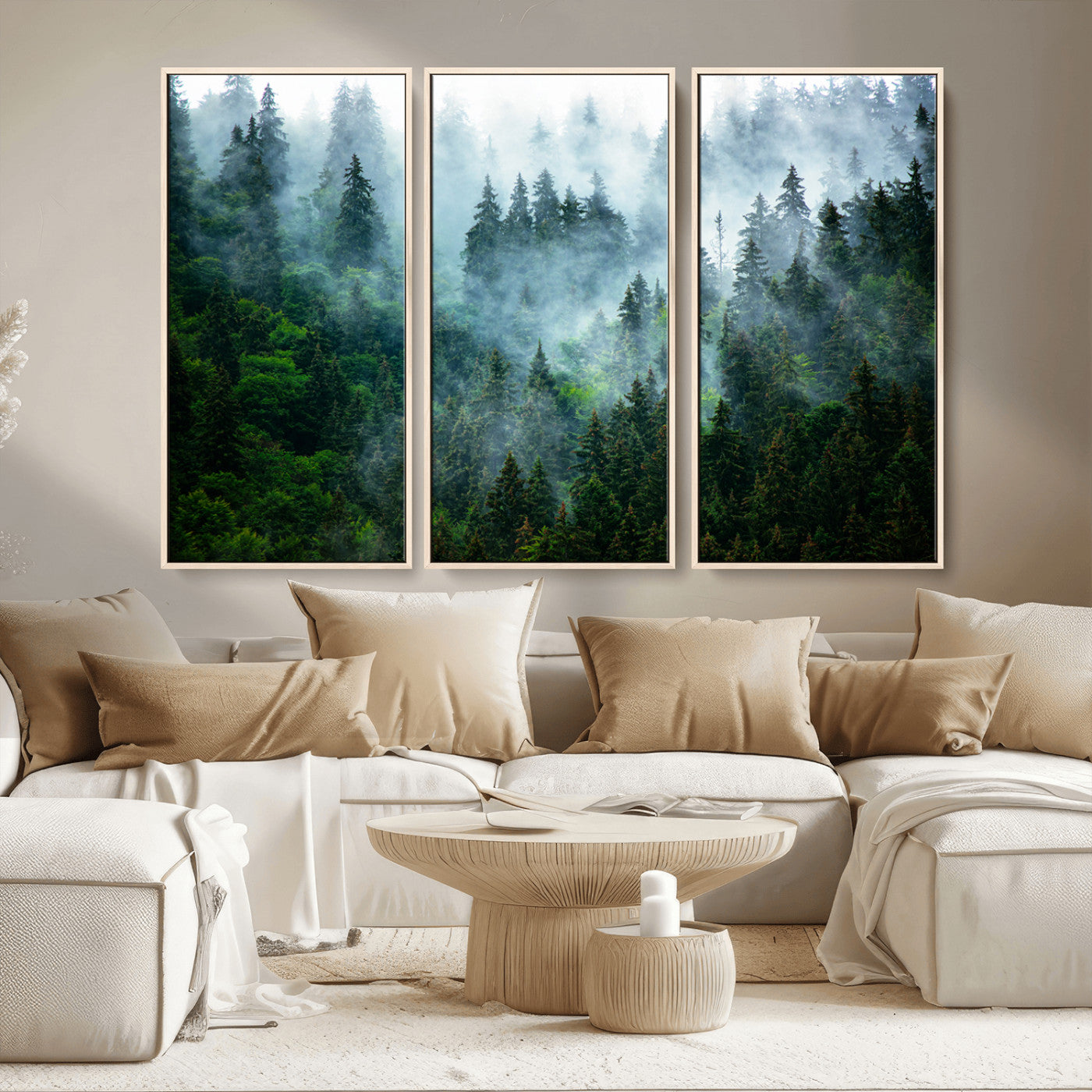 MGV-FC-48X32-3P - Misty Forest Art Wall Art Canvas Print, Framed Foggy Mountain Art Art Picture Print, Scenic Wall