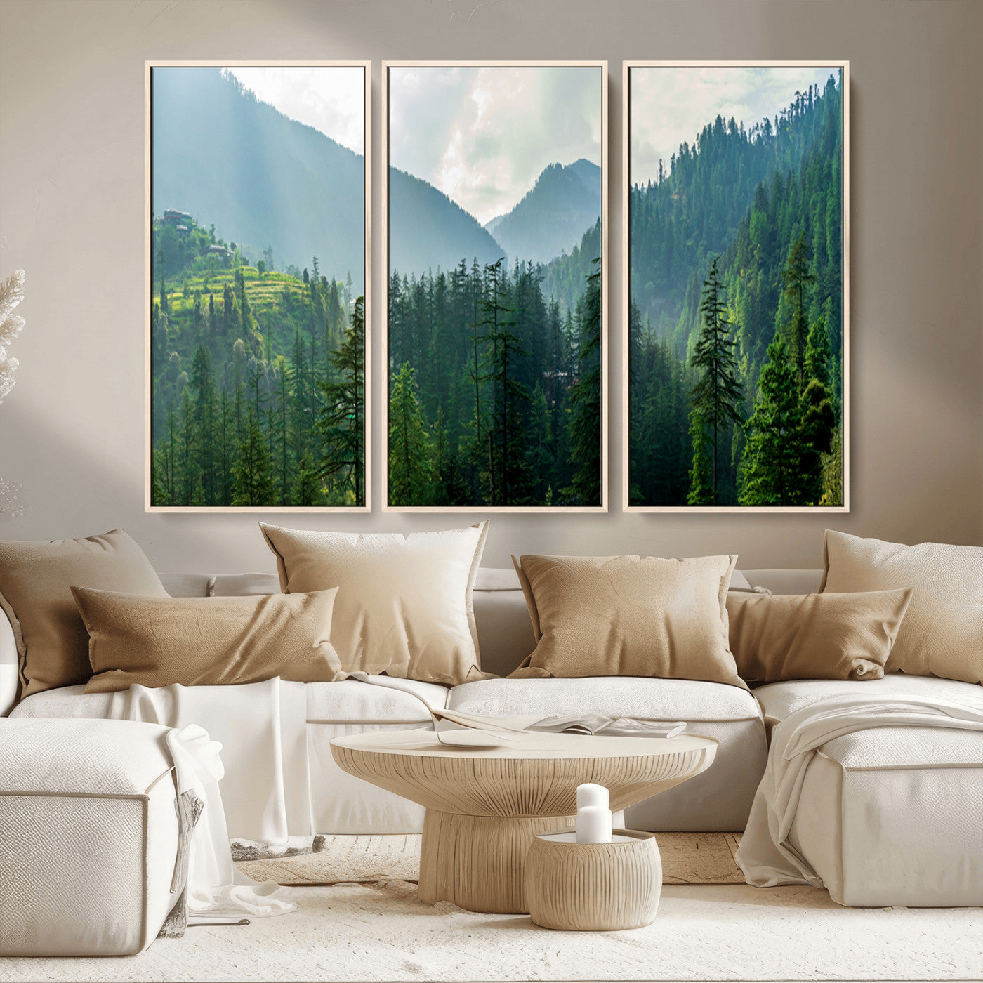 MGV-FC-48X32-3P - Misty Forest Mountain Canvas Print – Serene Nature Wall Art, Tranquil Valley