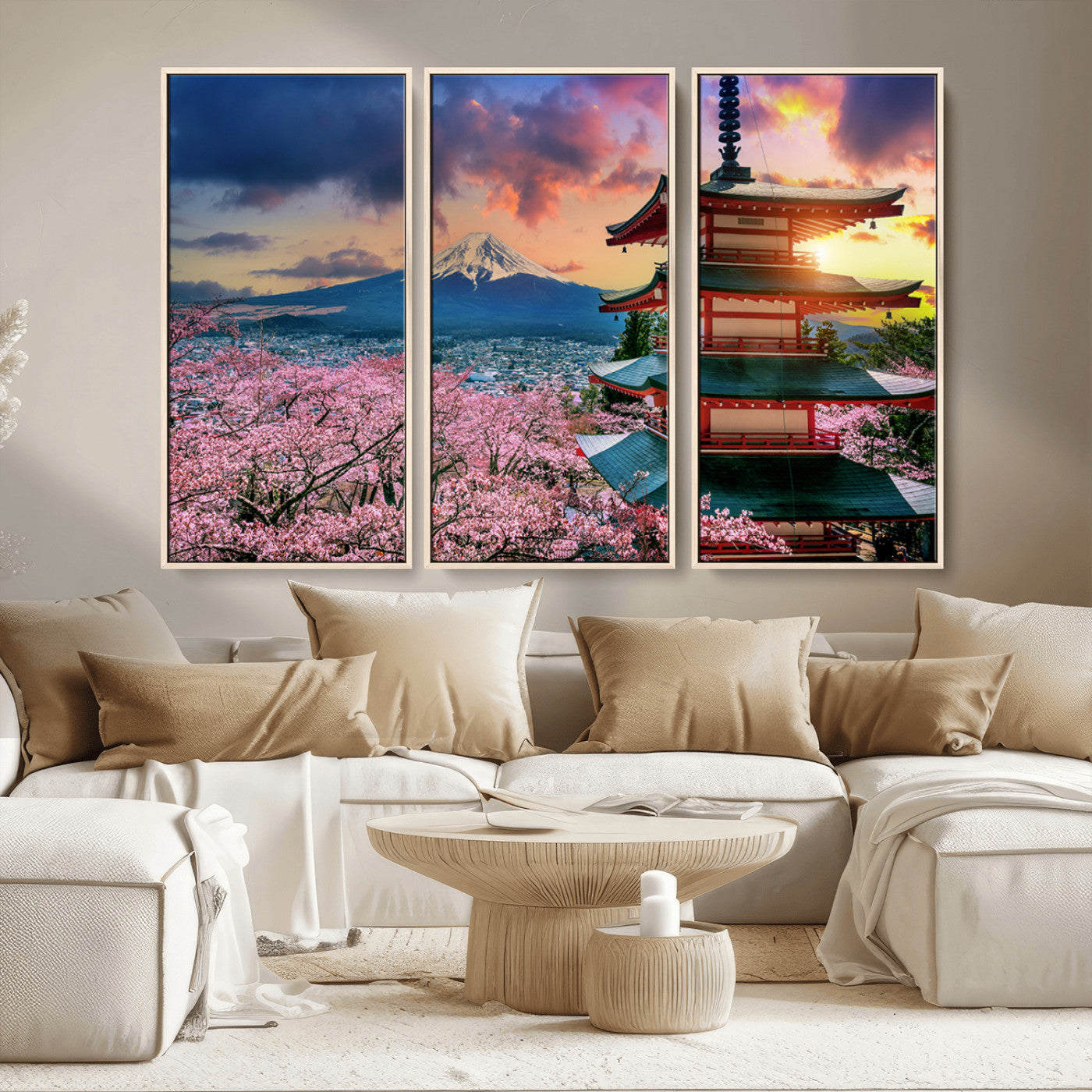 MGV-FC-48X32-3P - Mount Fuji & Cherry Blossom Wall Art Canvas Print – Iconic Japanese Landscape, Sakura Pagoda Sunset,