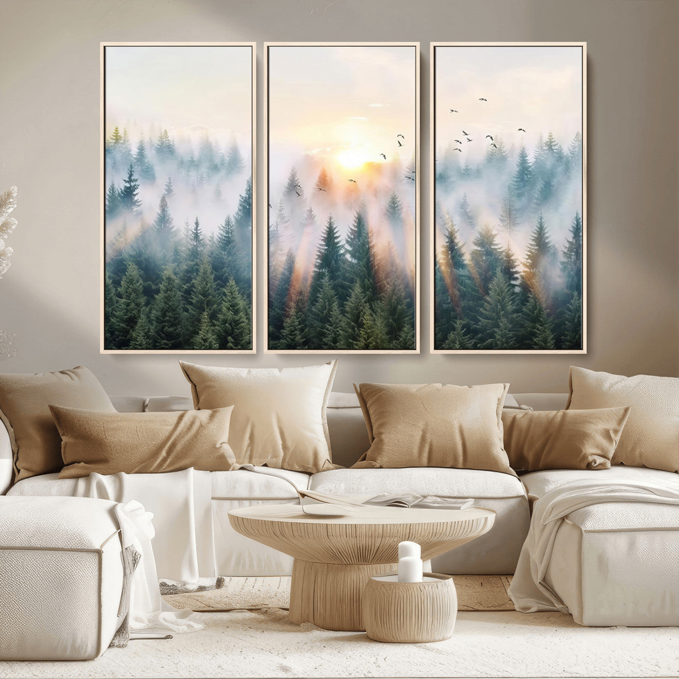 MGV-FC-48X32-3P - Misty Pine Forest Wall Art Canvas, Sunrise Over Foggy Trees Canvas for Home - Office, Framed
