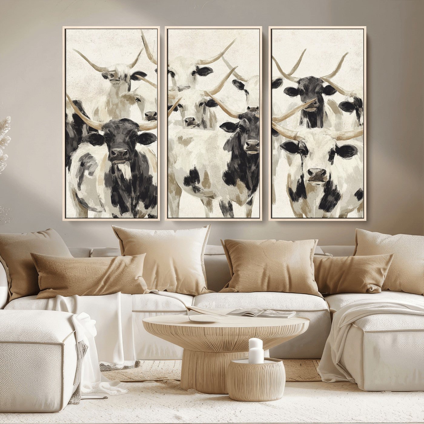 MGV-FC-48X32-3P - Longhorn Texas Cow Drawing Abstract Wall Art Canvas Print for Farmhouse Decor, Texas Bull Printing