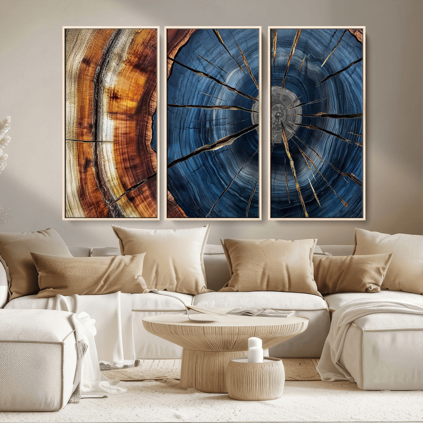 MGV-FC-48X32-3P - Framed Abstract Tree Ring Wall Art Print, Natural Rustic Wood Texture Canvas Print, Wood Tree Stump