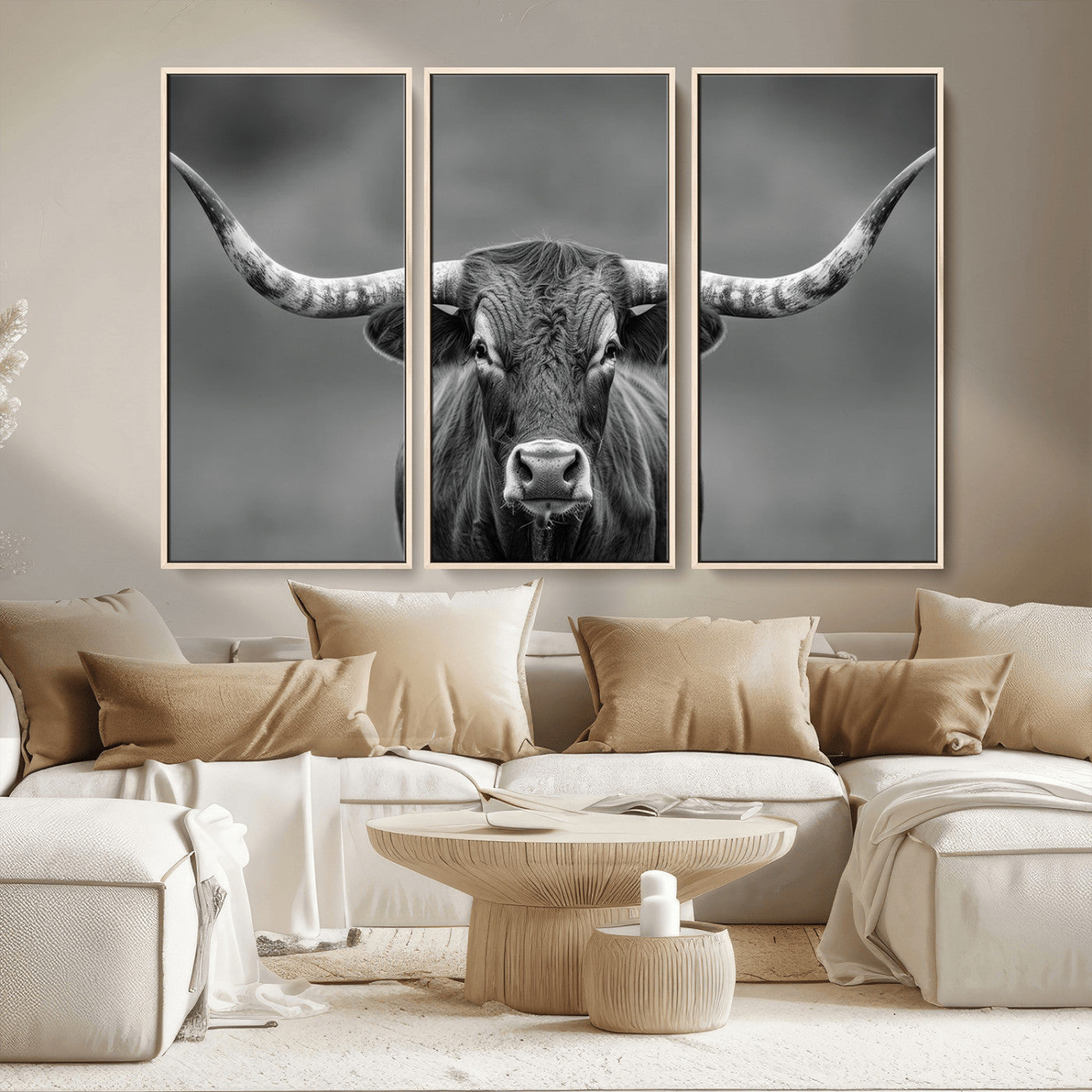 MGV-FC-48X32-3P - Framed Texas Longhorn Bull Art Canvas Print, Western Bull Wall Art Print, Long Horn Bull Photo Print