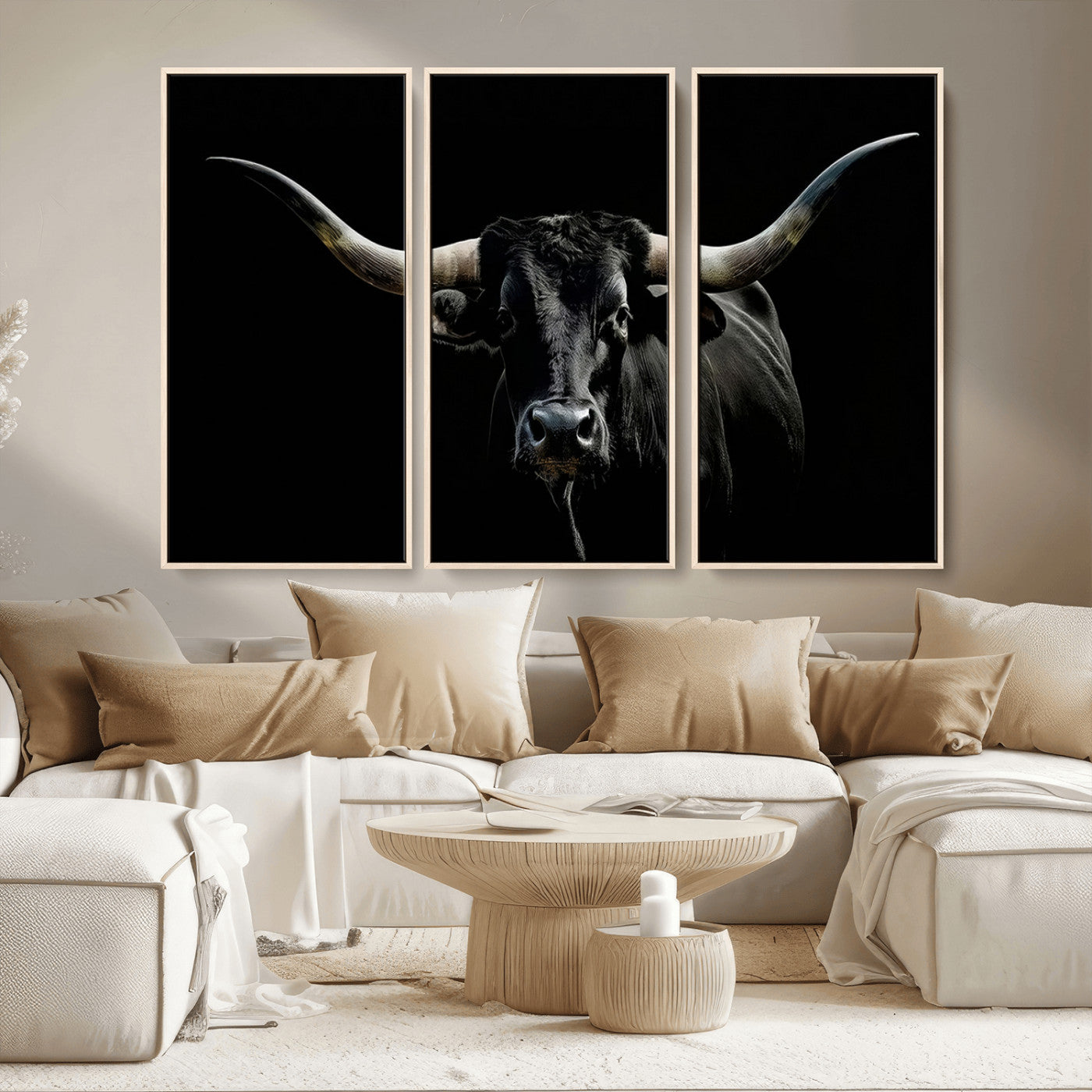MGV-FC-48X32-3P - Texas Black Bull Wall Art Print, Longhorn Bull Canvas Wall Art