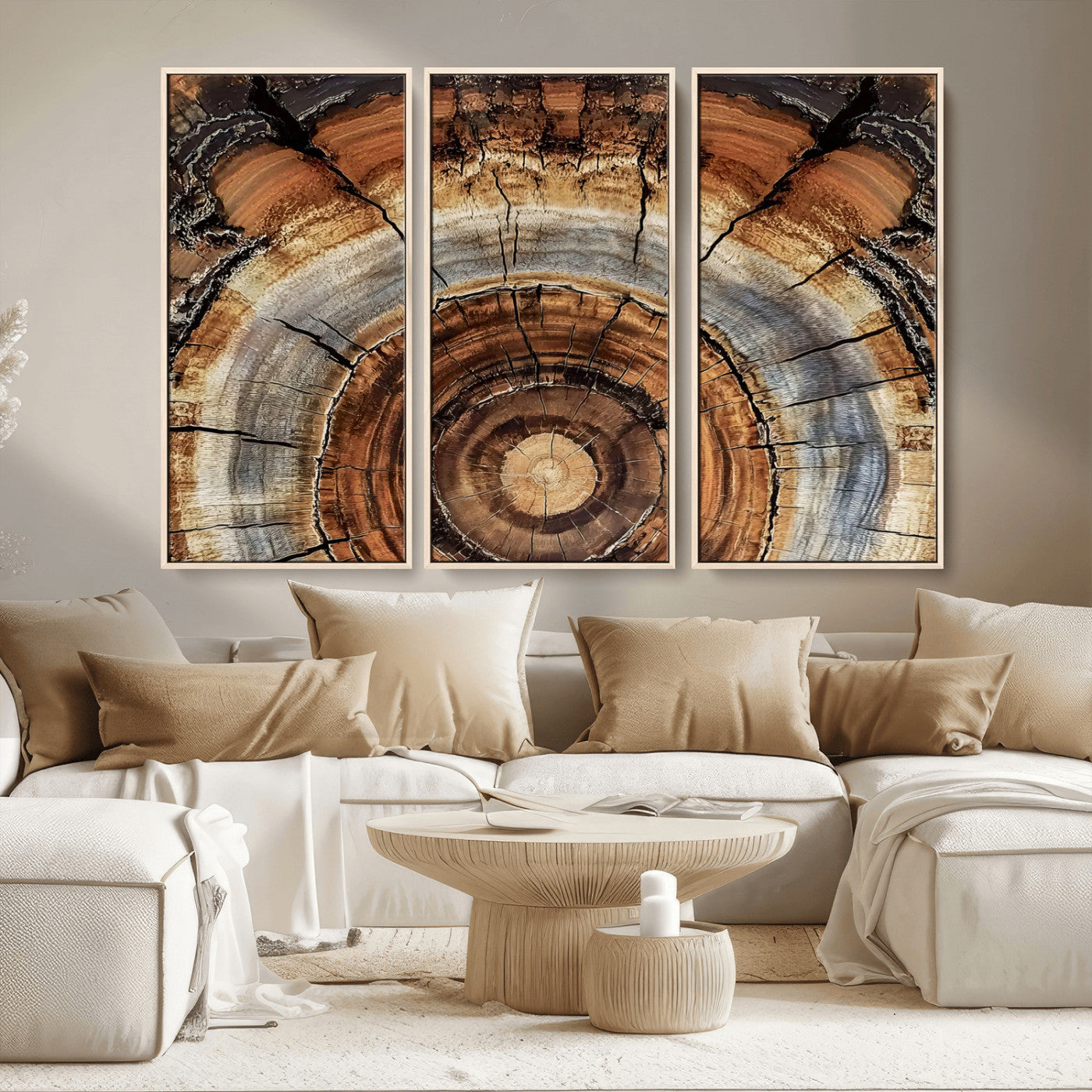 MGV-FC-48X32-3P - Tree Rings Wall Art Canvas Print, Framed Wood Texture Art Picture Print, Rustic Pattern Perfect Rustic Organic Decor Artwork