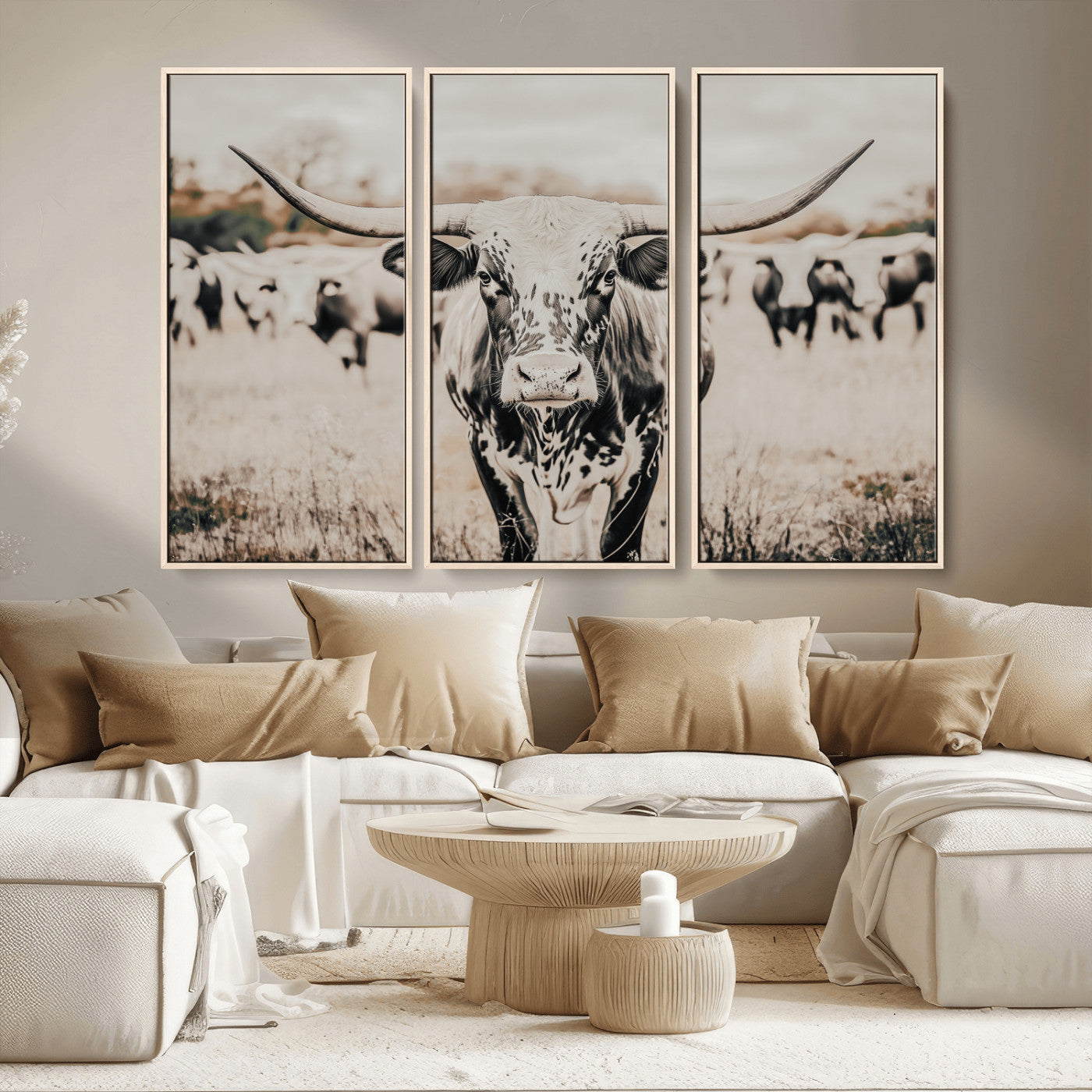 MGV-FC-48X32-3P - Texas Longhorn Wall Art Canvas Print, Framed Speckled Cow Art Picture Print, Horned Cattle Perfect Rustic Western Decor Artwork