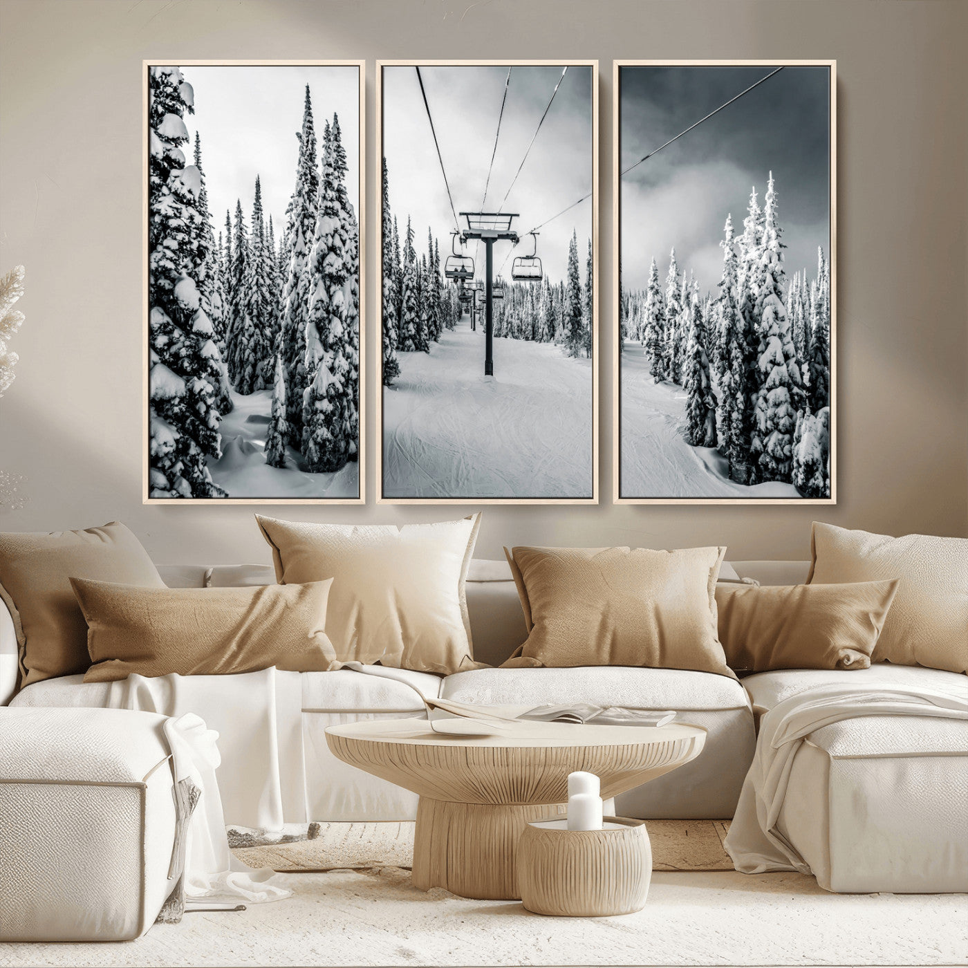 MGV-FC-48X32-3P - Snowy Pines Wall Art Canvas Print, Framed Ski Lift Art Picture Print, Winter Forest Perfect Moody Lodge Decor Artwork