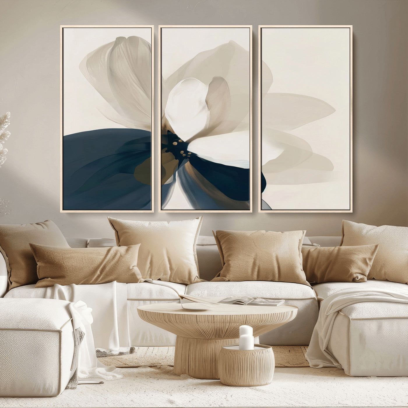 MGV-FC-48X32-3P - Minimal Flower Wall Art Canvas Print, Framed Flower Drawing Art Picture Print, Beige Bloom Perfect Modern Botanical Decor Artwork