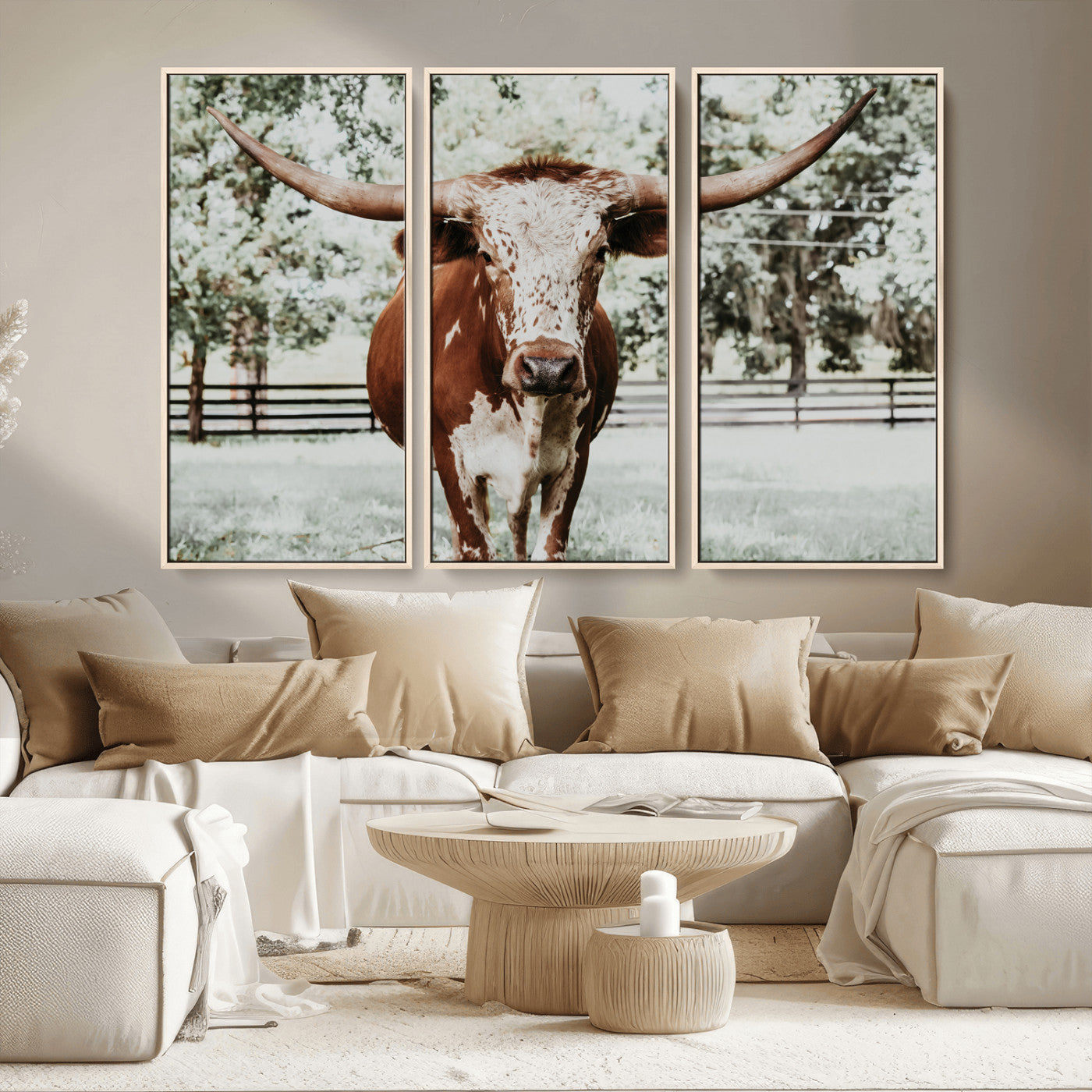 MGV-FC-48X32-3P - Texas Longhorn Wall Art Canvas Print, Framed Spotted Cow Art Picture Print, Horned Cattle Perfect Rustic Western Decor Artwork