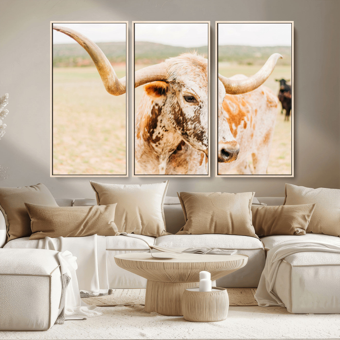 MGV-FC-48X32-3P - Texas Longhorn Wall Art Canvas Print, Framed Spotted Cow Art Picture Print, Horned Cattle Perfect Rustic Western Decor Artwork