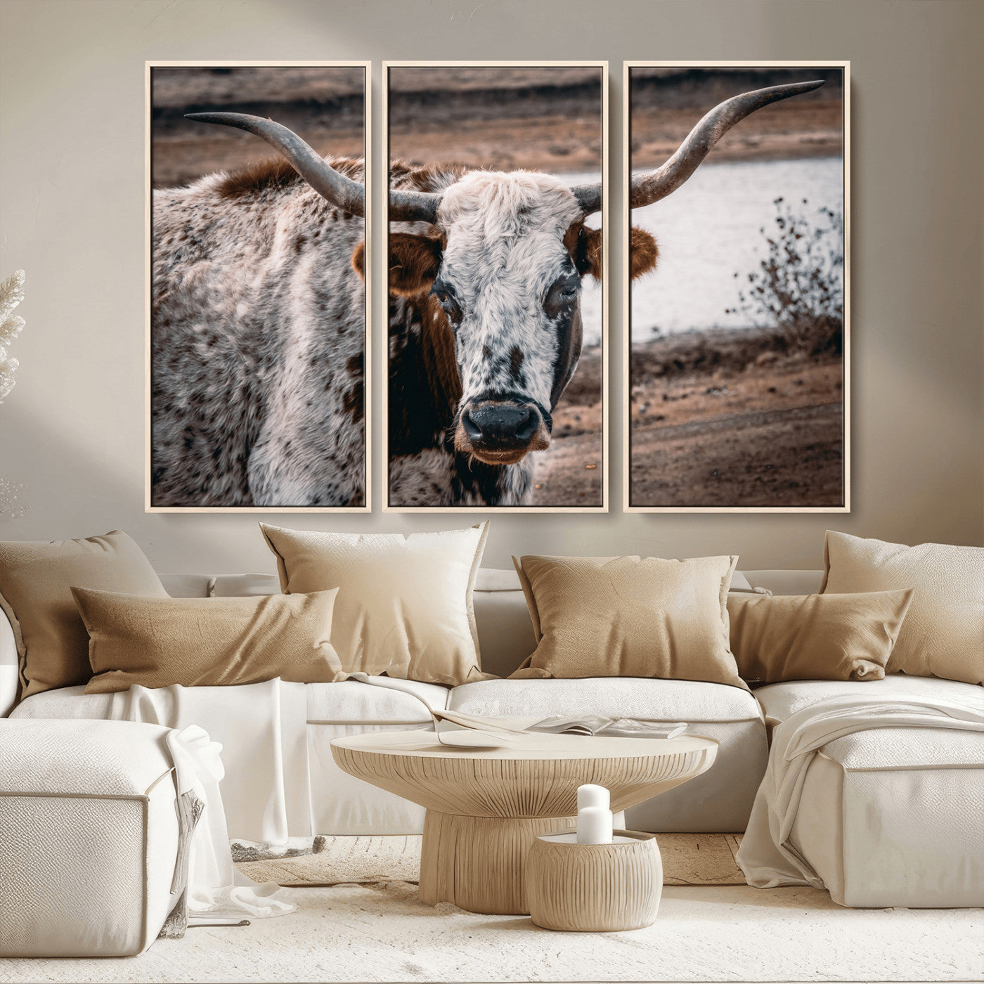 MGV-FC-48X32-3P - Texas Longhorn Wall Art Canvas Print, Framed Spotted Cow Art Picture Print, Horned Cattle Perfect Rustic Western Decor Artwork