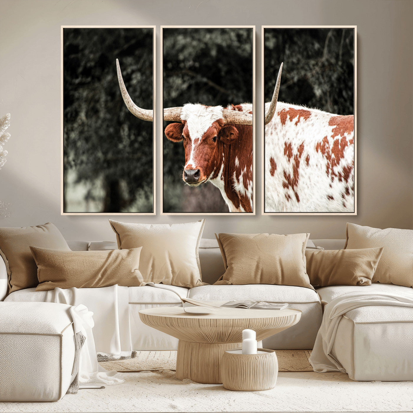MGV-FC-48X32-3P - Texas Longhorn Wall Art Canvas Print, Framed Spotted Cow Art Picture Print, Horned Bull Perfect Rustic Western Decor Artwork