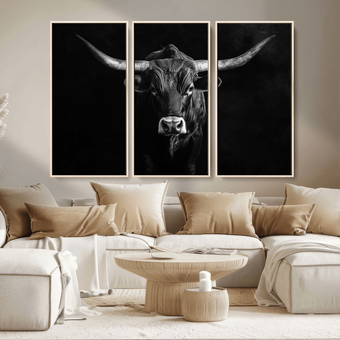 MGV-FC-48X32-3P - Texas Longhorn Wall Art Canvas Print, Framed Monochrome Bull Art Picture Print, Horned Bull Perfect Rustic Western Decor Artwork