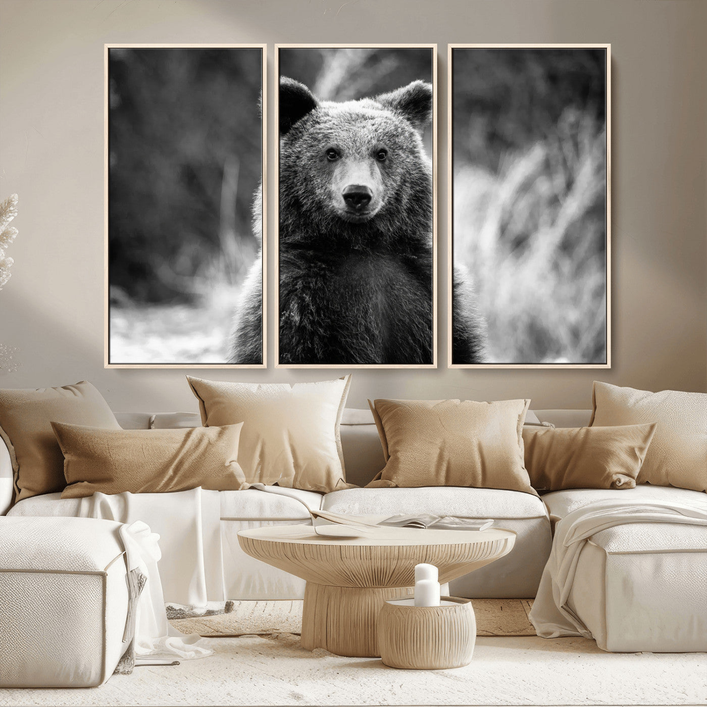 MGV-FC-48X32-3P - Grizzly Bear Wall Art Canvas Print, Framed Black White Bear Art Picture Print, Wild Bear Perfect Rustic Wildlife Decor Artwork