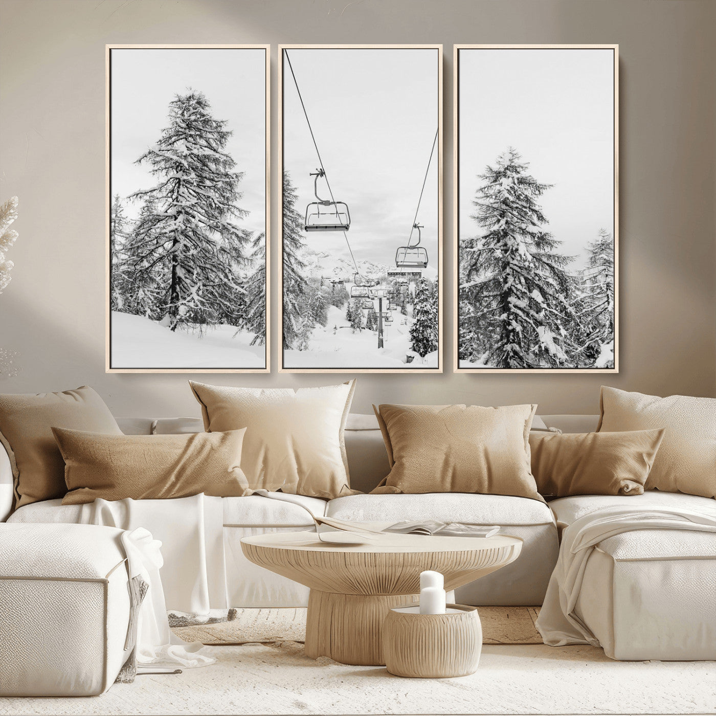 MGV-FC-48X32-3P - Wall Art Canvas Print Winter Chairlift Views Silent Snow-Covered Pines Mountain Calm Serenity Frozen